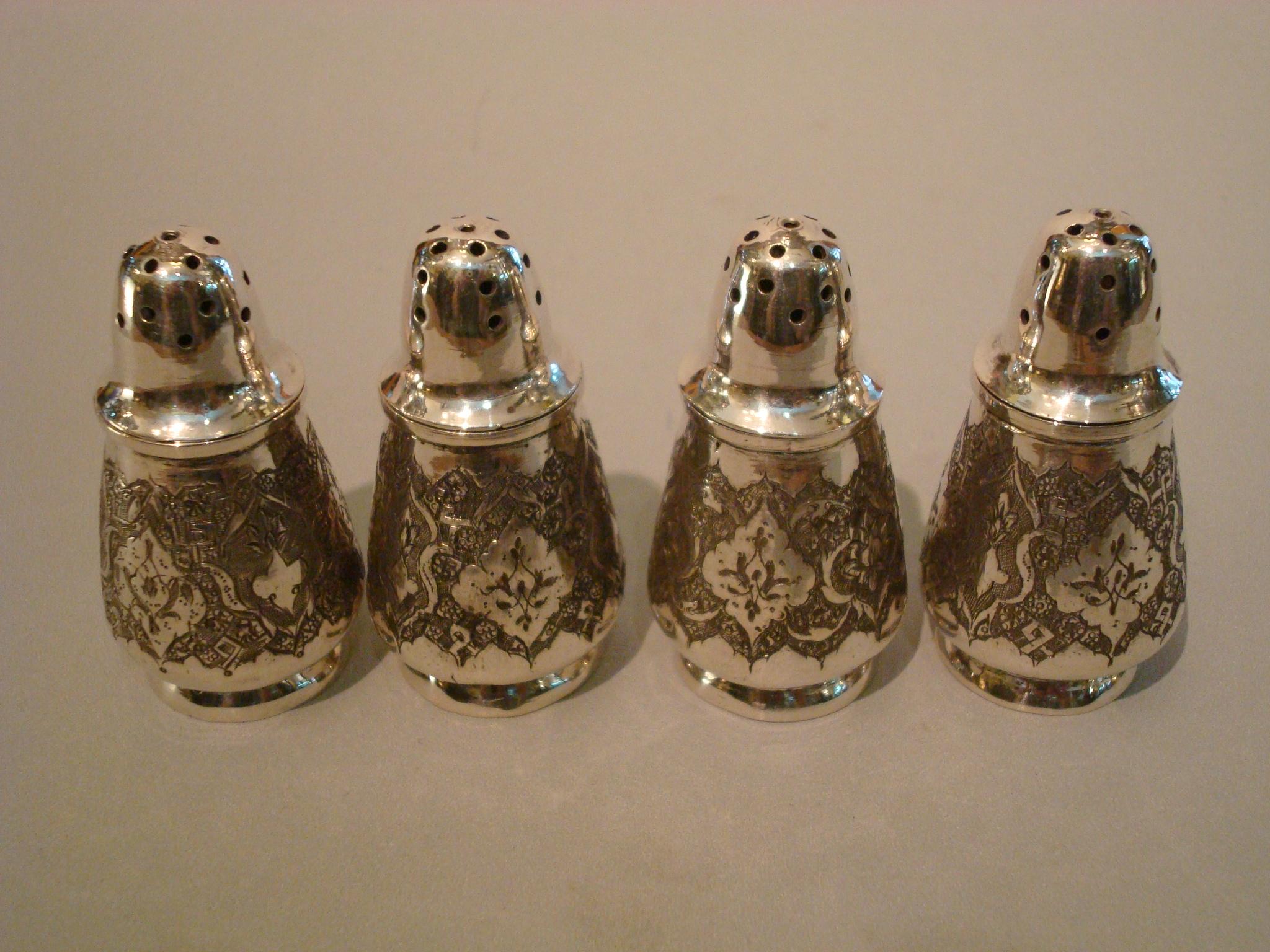 Four Engraved Russian Sterling Silver Salt and Pepper Shakers For Sale 3