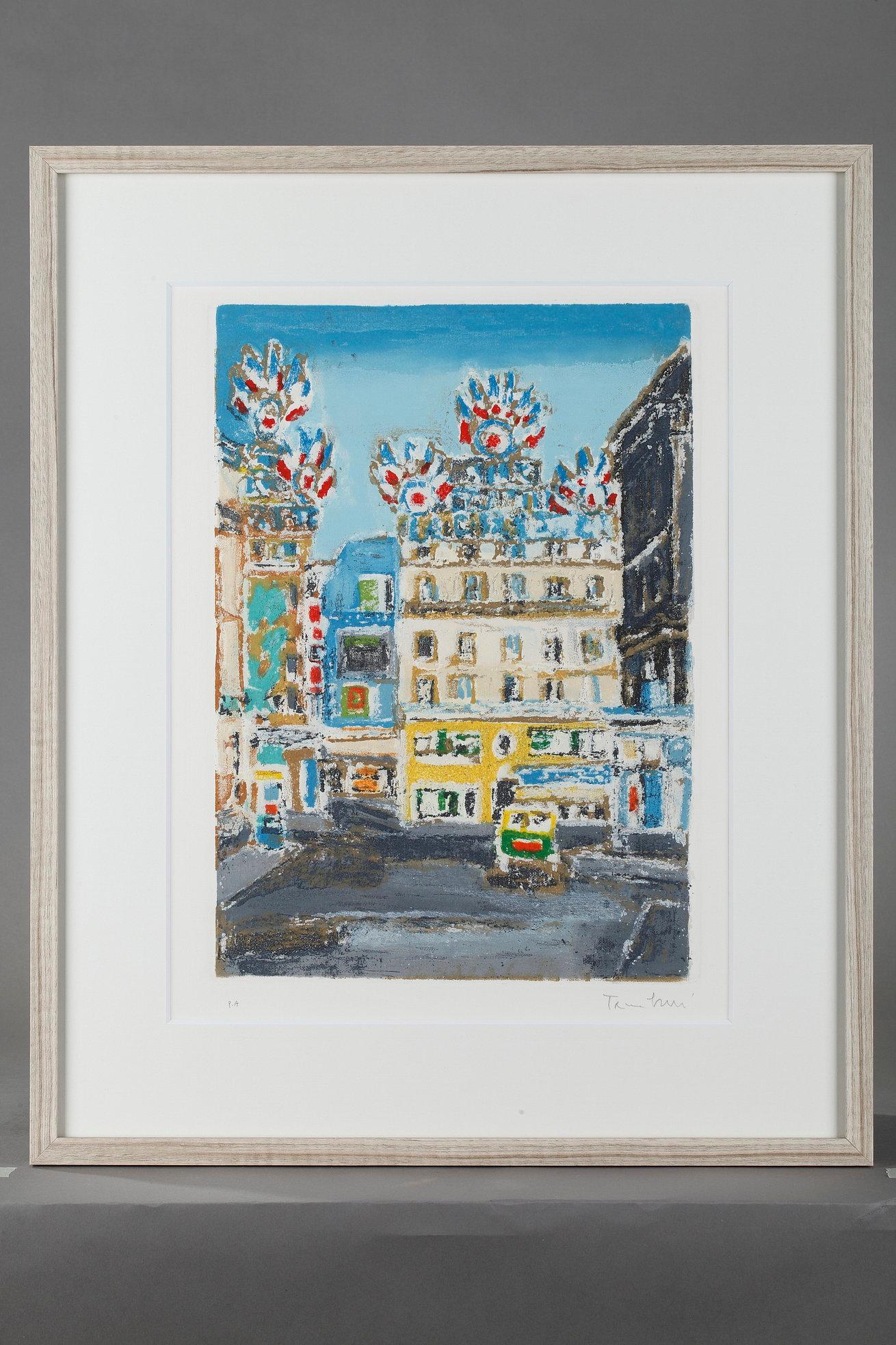 Four framed etchings by Orfeo Tamburini in aquatint in colors representing the streets of the different districts of Paris. Each one is stamped by the art publisher Il Cigno and signed by the artist in pencil. These prints are limited to 130 copies