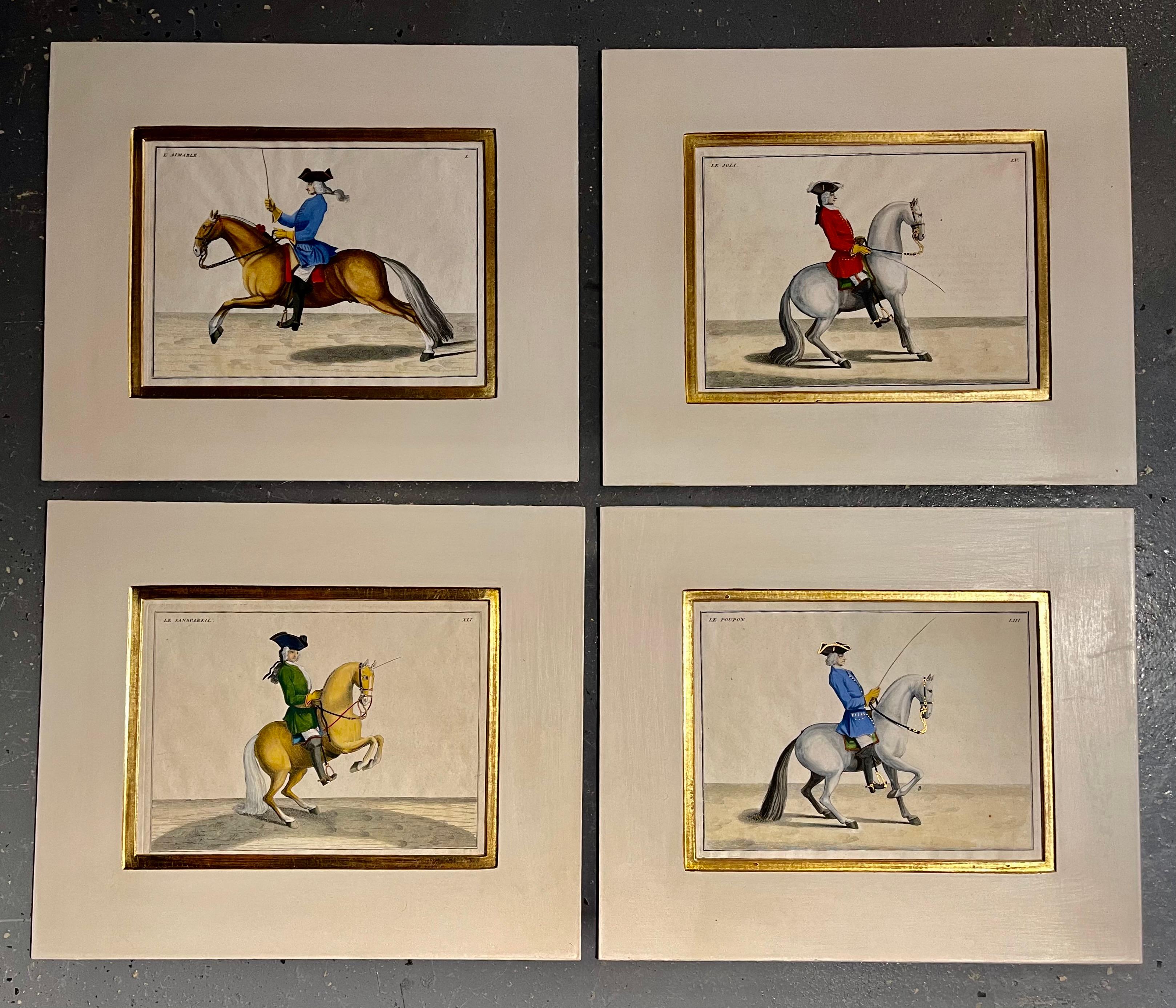 Four Engravings of Horse Riders L' Aimable, Le Joli, Le Sanspareil, Le Poupon. Each is finely matted having a gilt gold border. One of several groupings.
This is part of our extensive collection which just arrived from Chicago's renowned interior