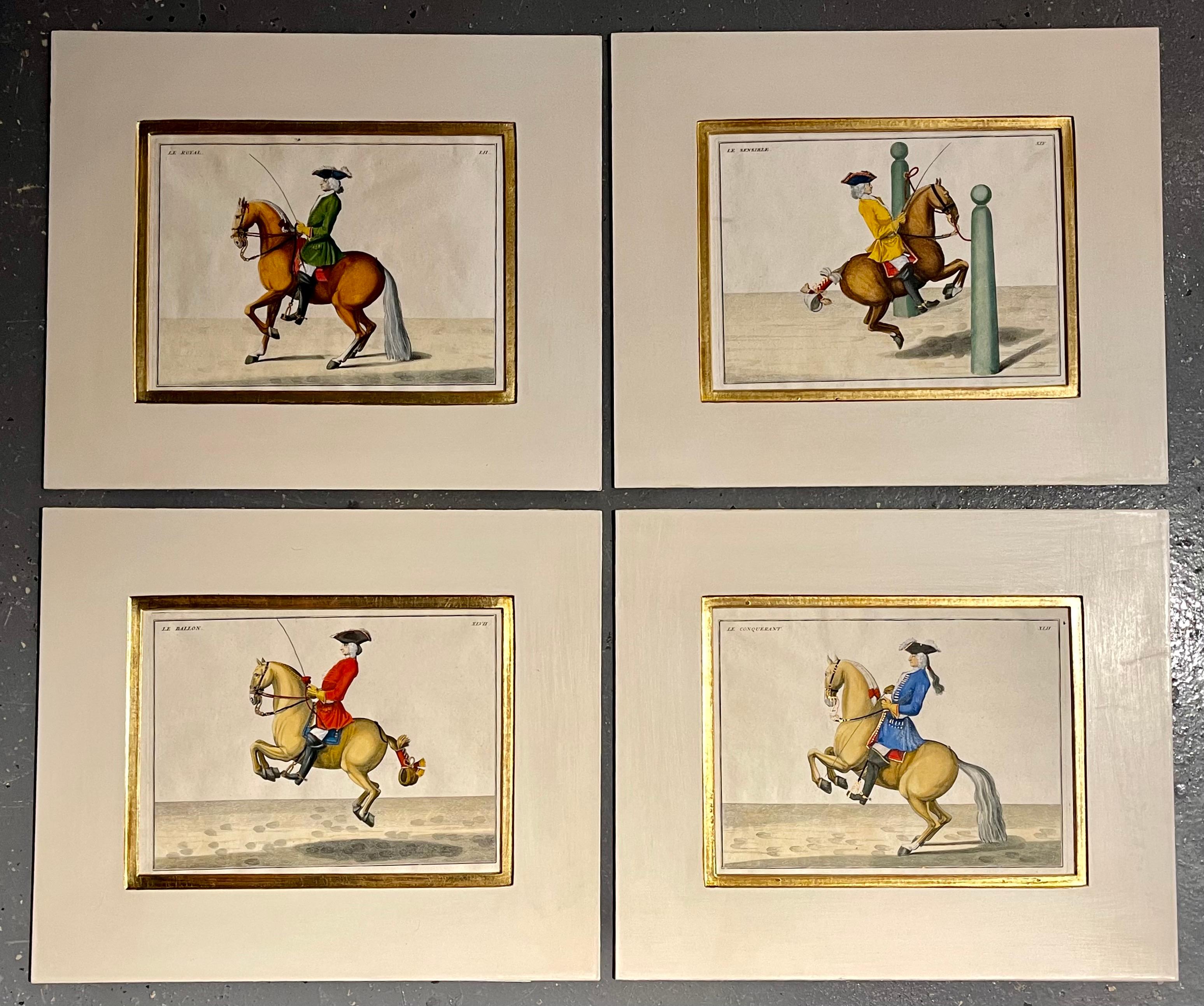 Four Engravings of Horse Riders Le Sensible, Le Royal, Le Conquerant, Le Ballon. Part of a set each in a fine gilt matter border.
This is part of our extensive collection which just arrived from Chicago's renowned interior designer Megan