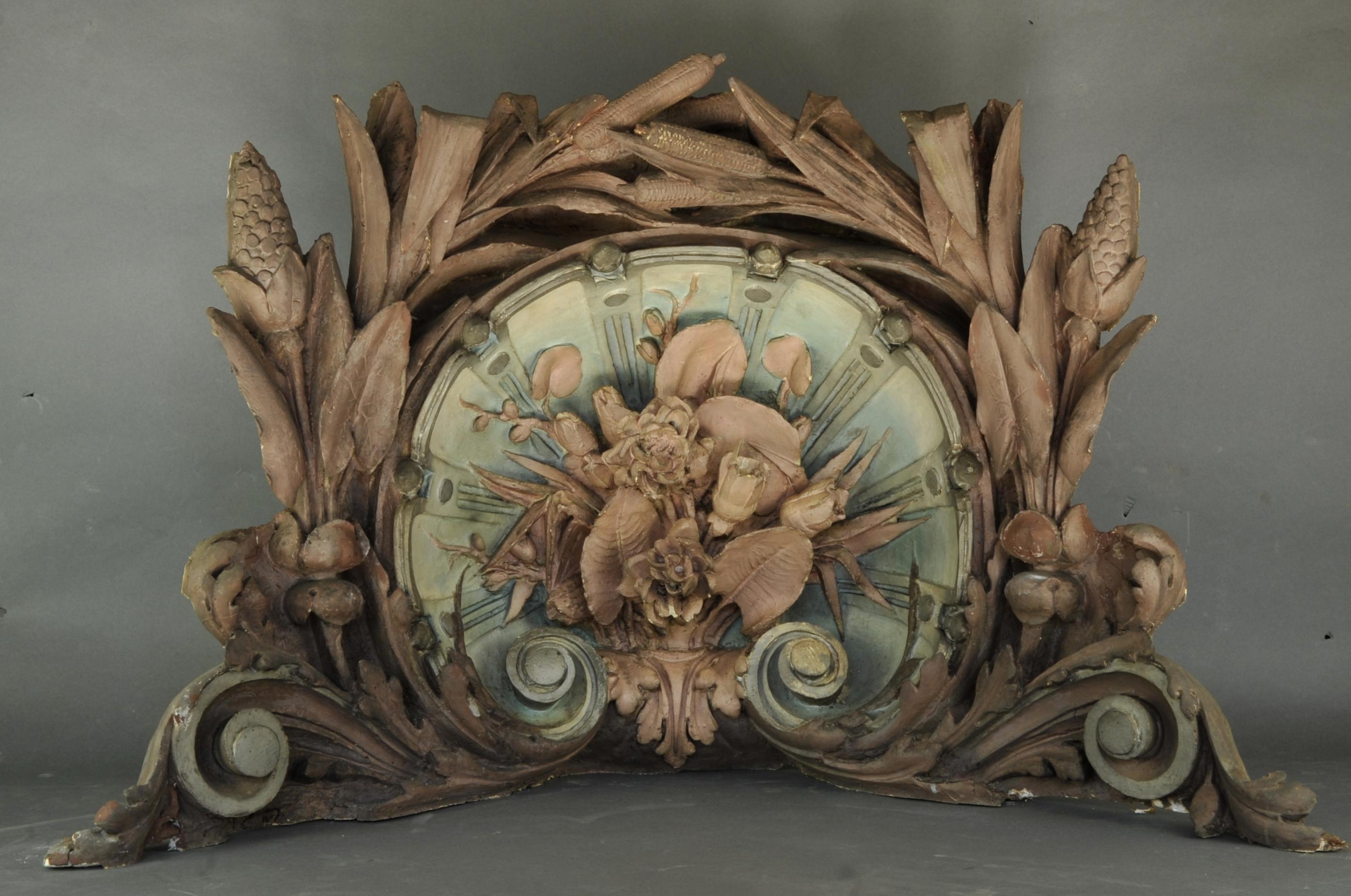 French Four Enormous Corner Cornices from the Art Nouveau Period in Polychrome Stucco For Sale