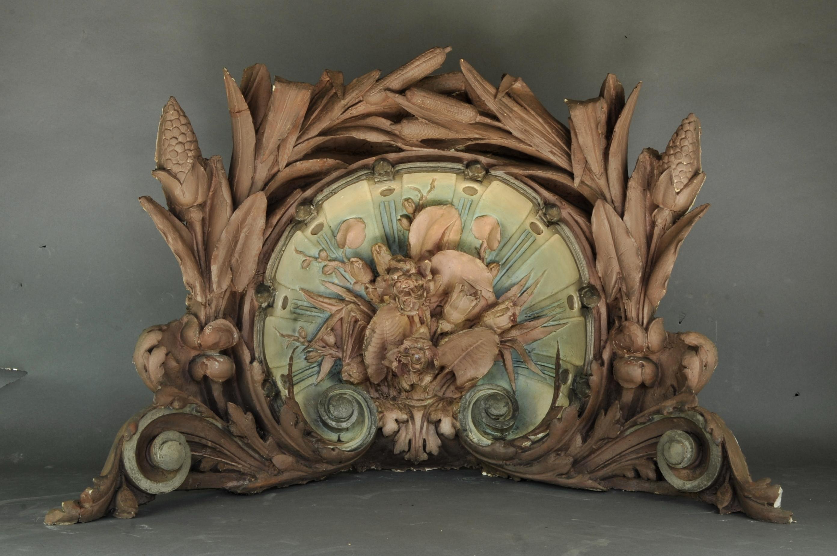 Early 20th Century Four Enormous Corner Cornices from the Art Nouveau Period in Polychrome Stucco For Sale