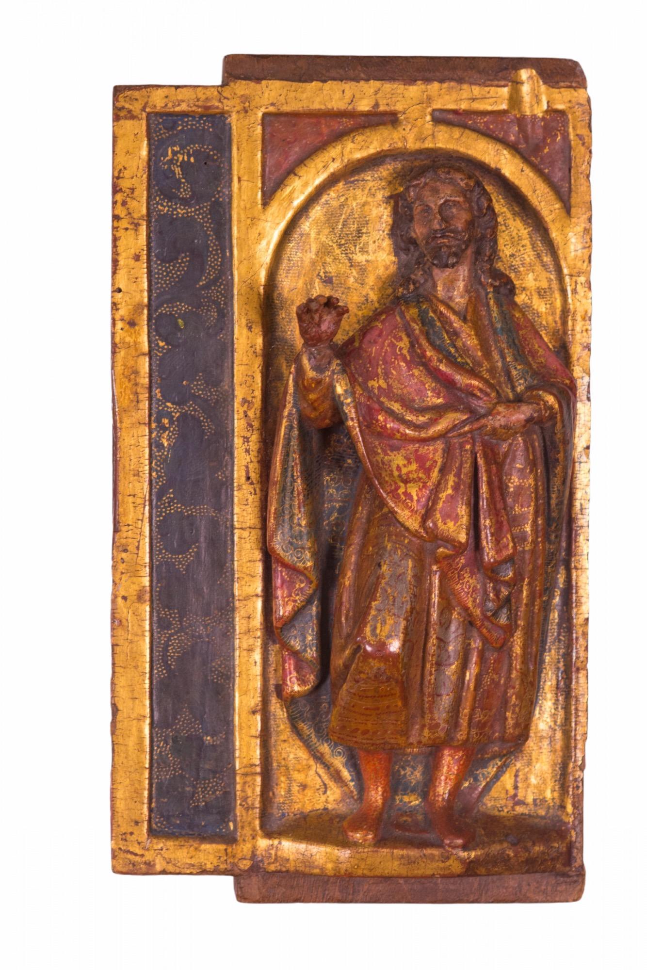 Painted Four Evangelists, 12th Century, Gold Gilded and Polychromed Carved-Wood Purcha For Sale