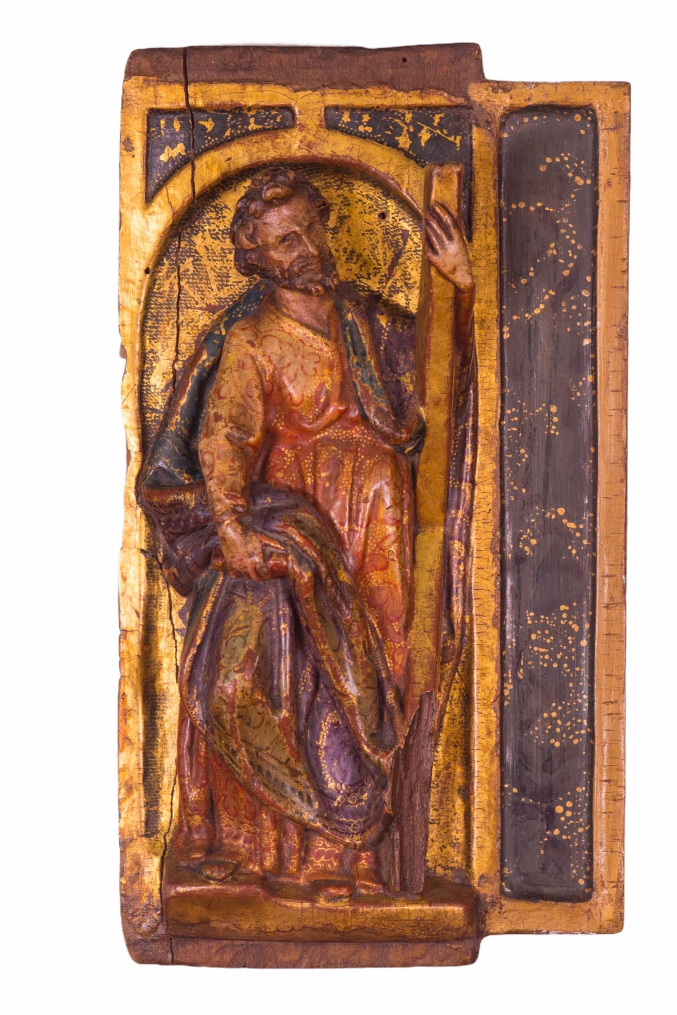 Four Evangelists, 12th Century, Gold Gilded and Polychromed Carved-Wood Purcha In Distressed Condition For Sale In North Miami, FL