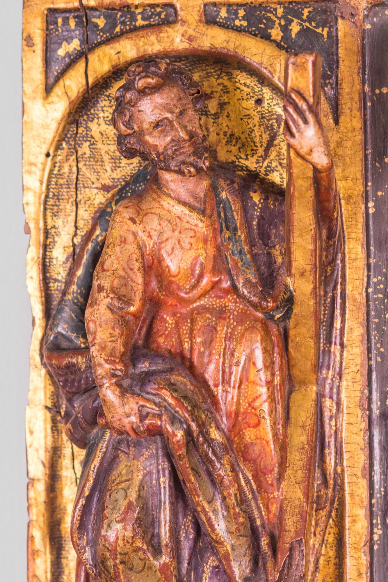 Gold Leaf Four Evangelists, 12th Century, Gold Gilded and Polychromed Carved-Wood Purcha For Sale