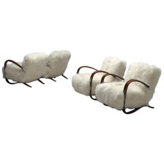 Four Exclusive Jindrich Halabala Lounge Chairs with Tibetan Lambswool