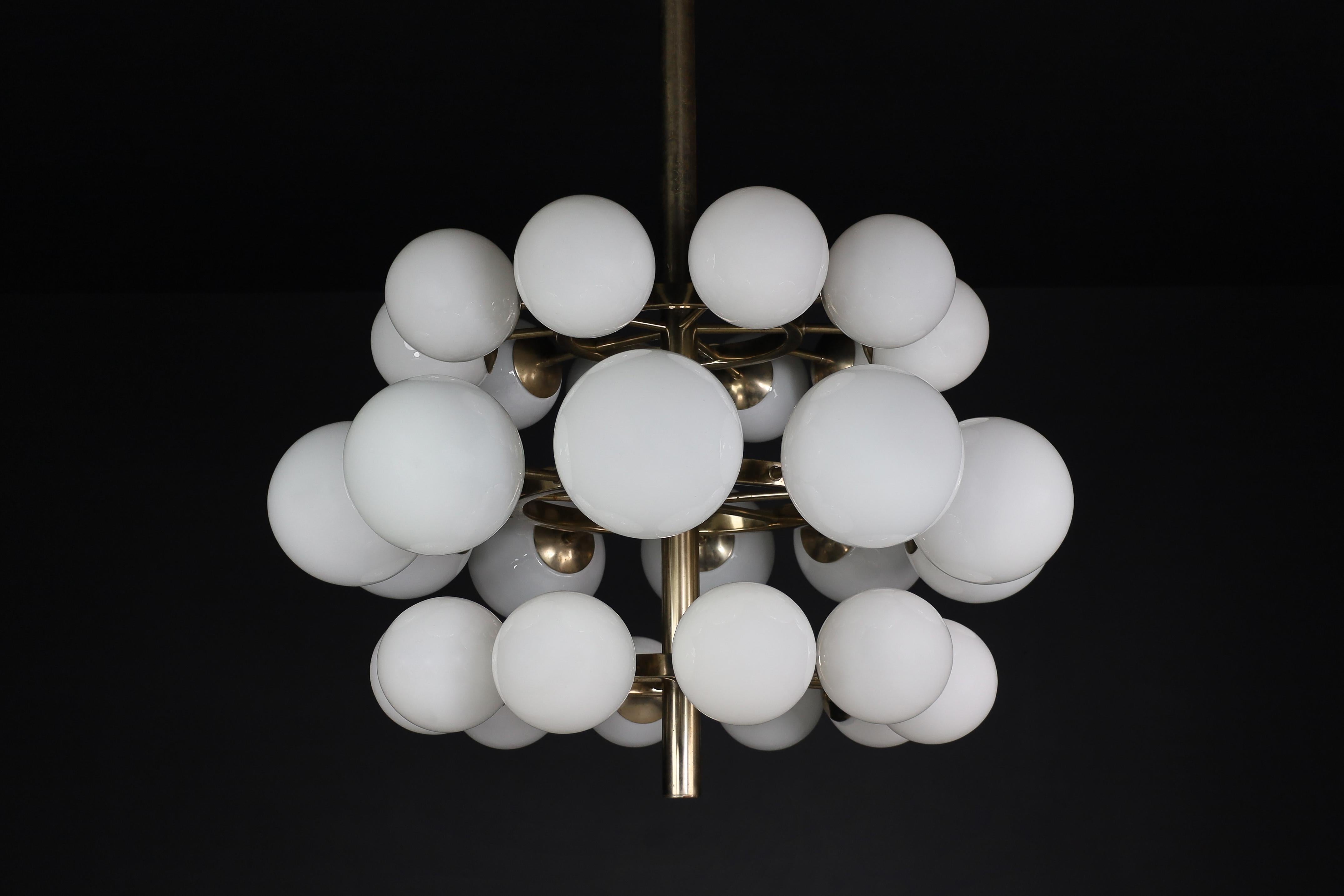 Mid Century Modern Chandelier In Steel And Opaline Globes, Germany 1970s For Sale 1