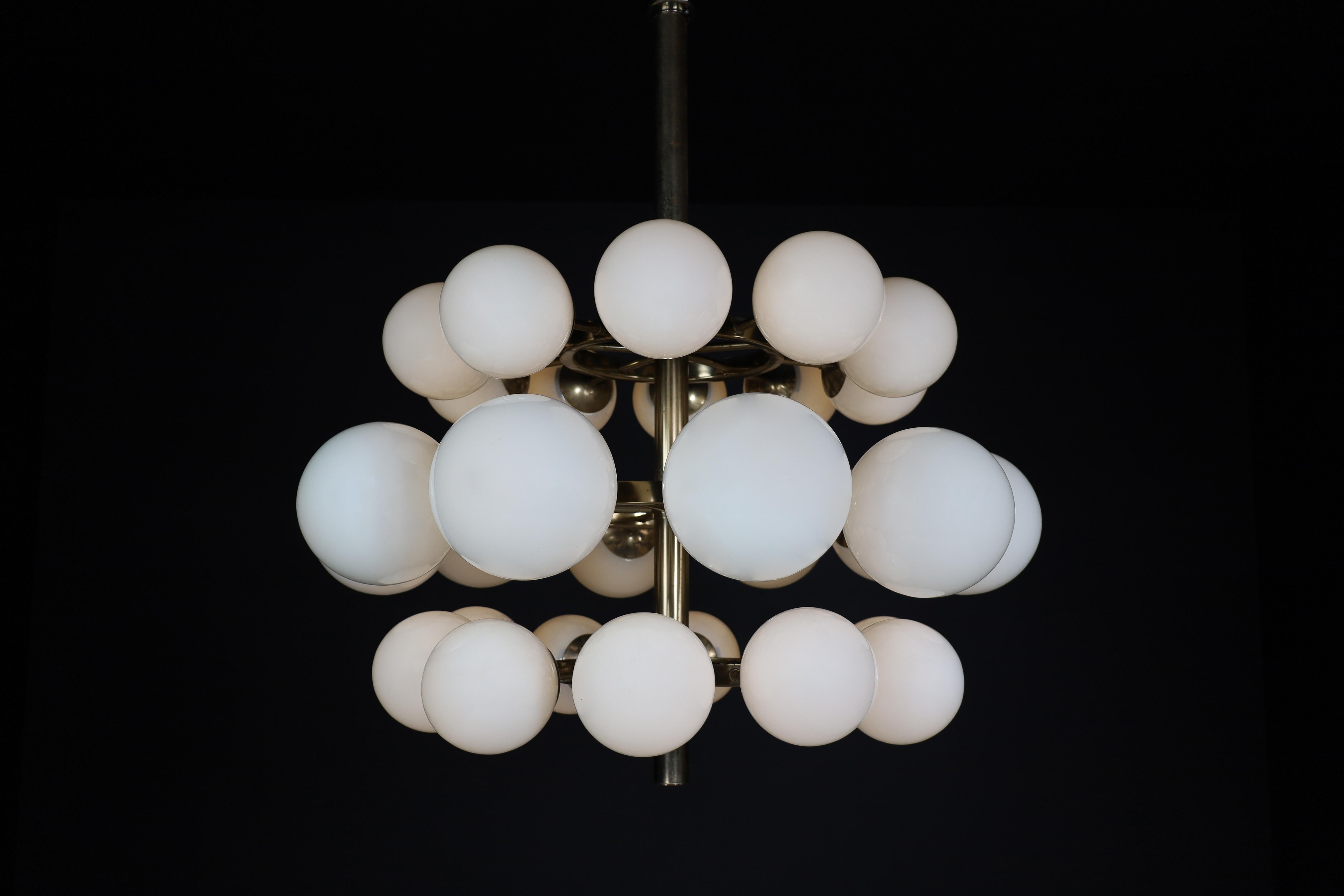 Mid Century Modern Chandelier In Steel And Opaline Globes, Germany 1970s For Sale 3
