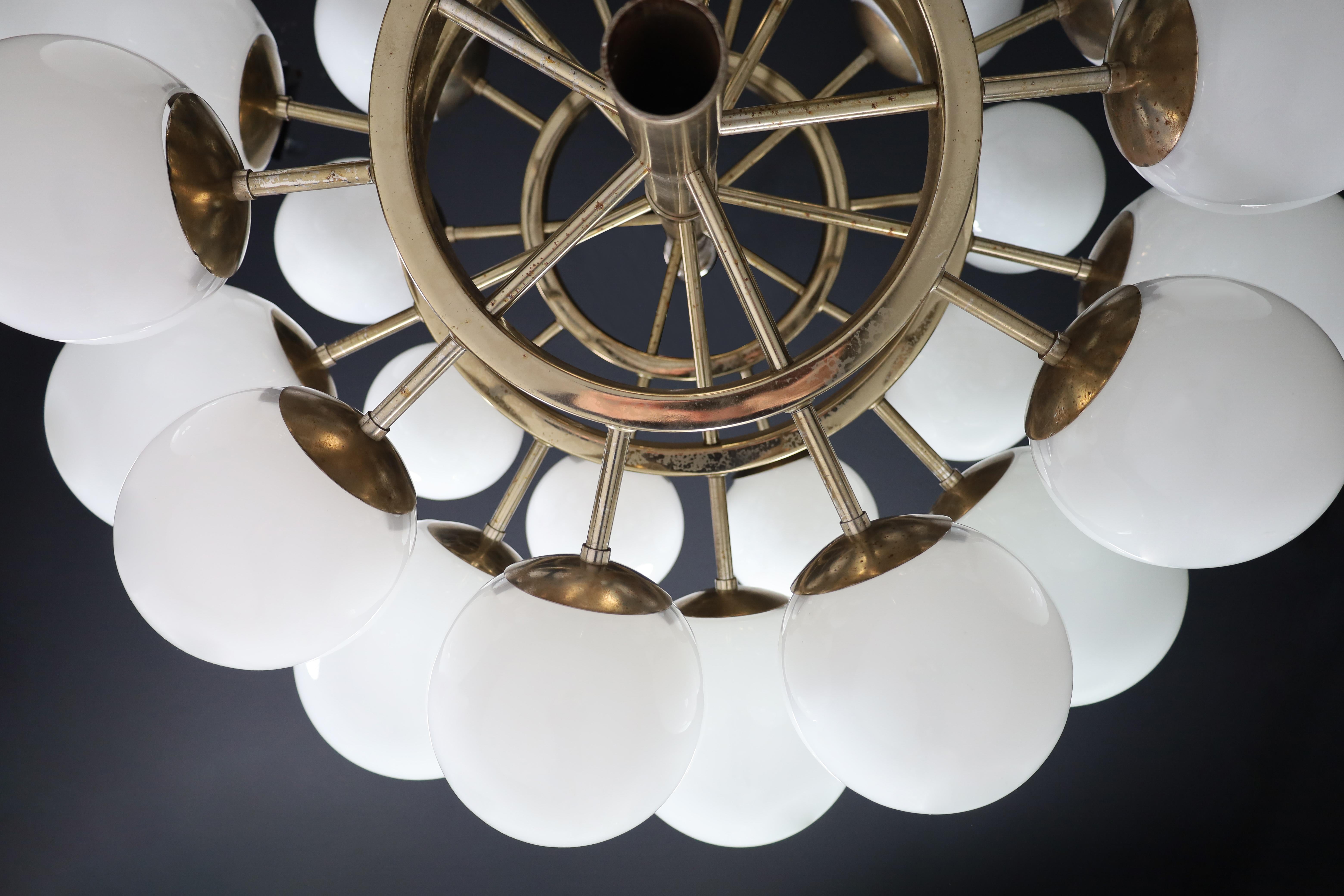 Mid Century Modern Chandelier In Steel And Opaline Globes, Germany 1970s For Sale 6