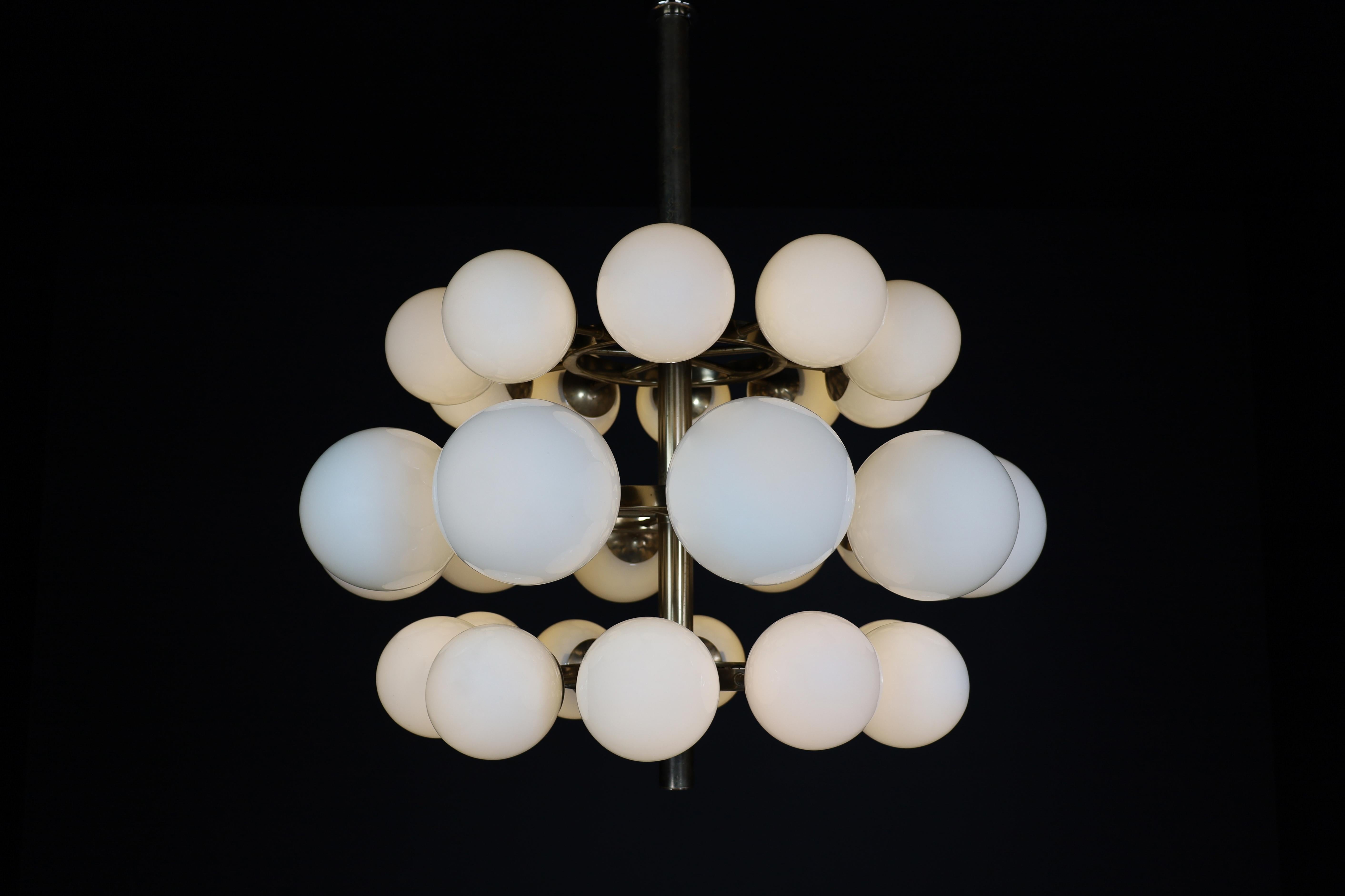Mid Century Modern Chandelier In Steel And Opaline Globes, Germany 1970s For Sale 8