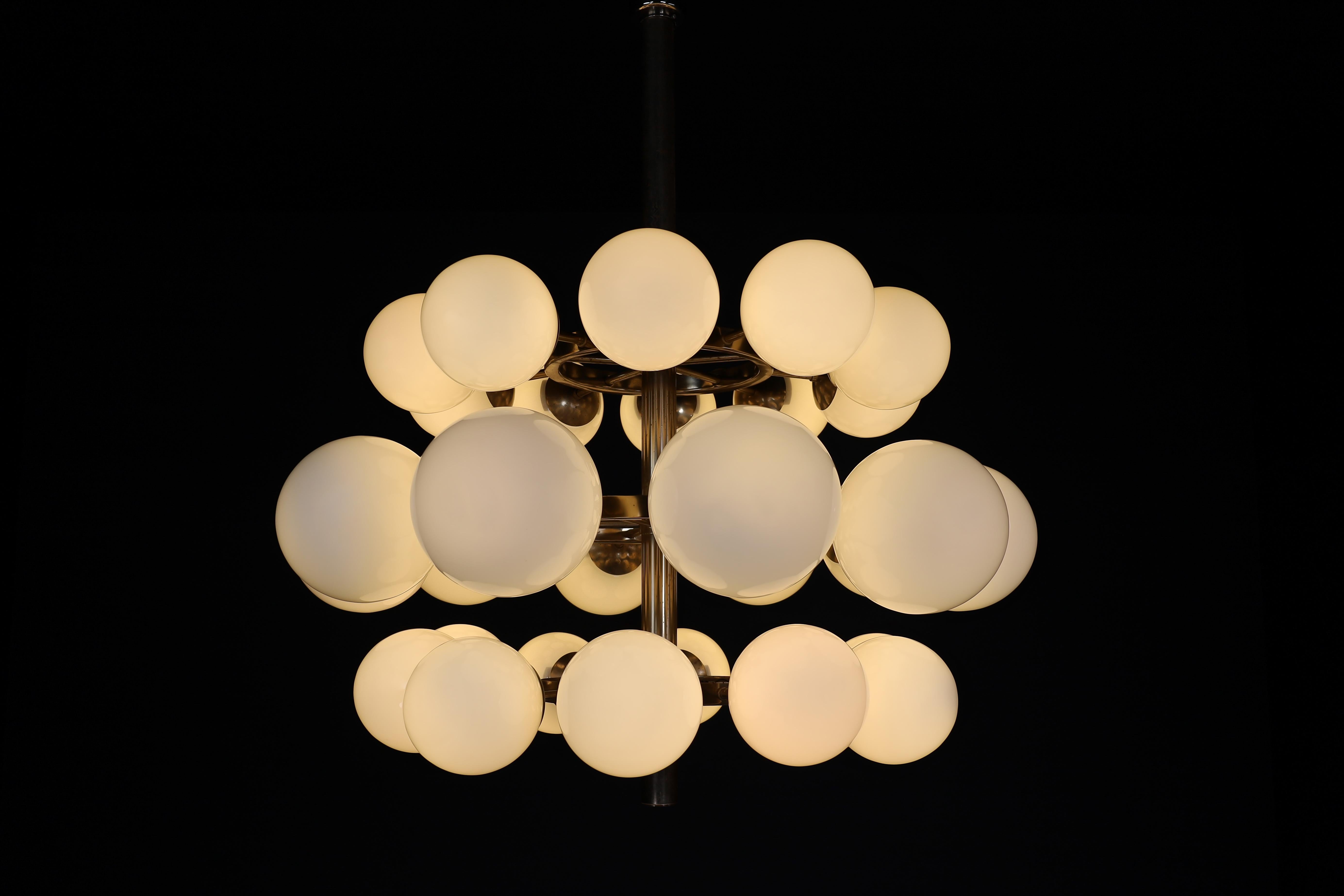 Mid Century Modern Chandelier In Steel And Opaline Globes, Germany 1970s For Sale 2
