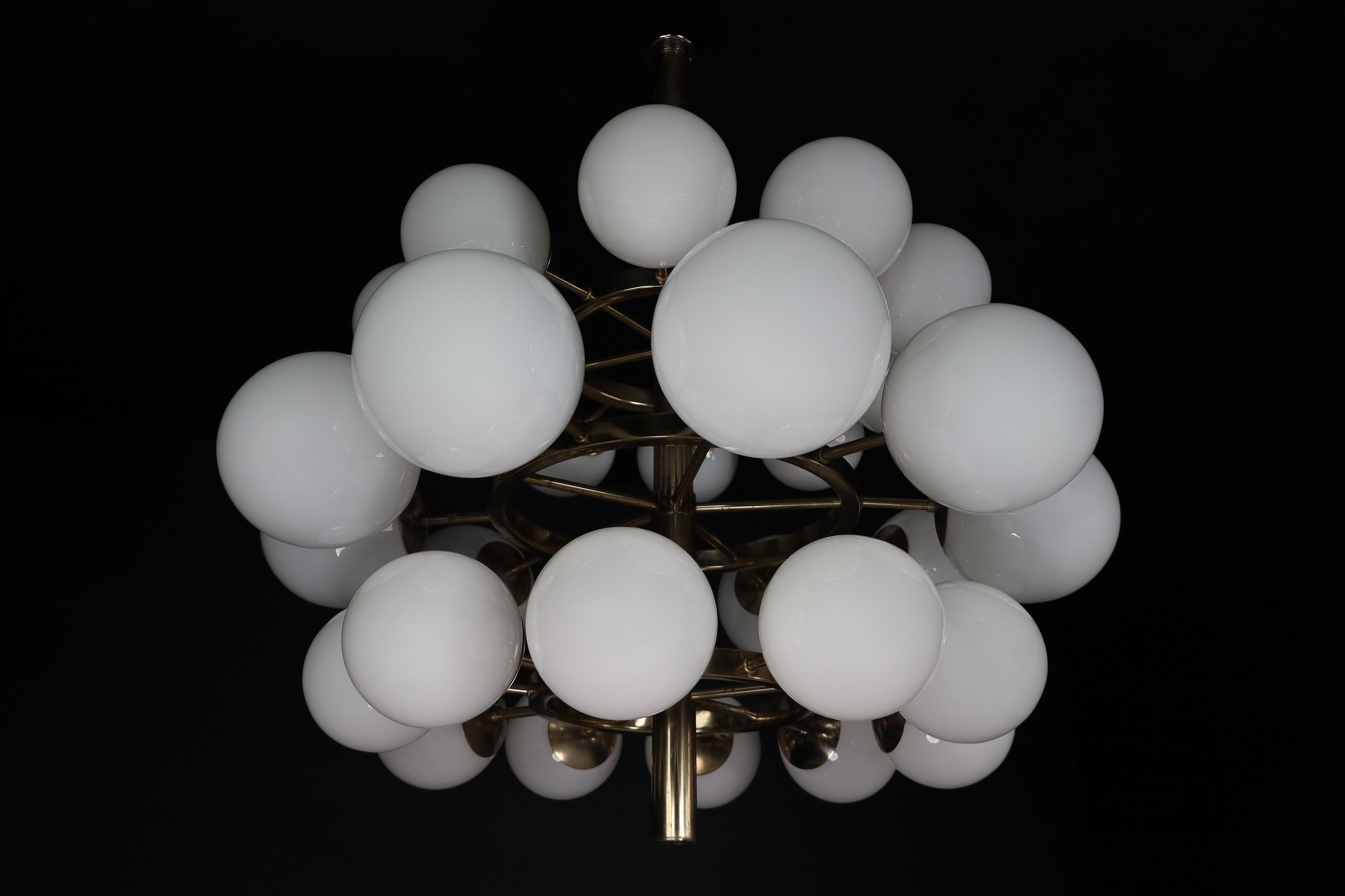 20th Century Mid Century Modern Chandelier In Steel And Opaline Globes, Germany 1970s For Sale