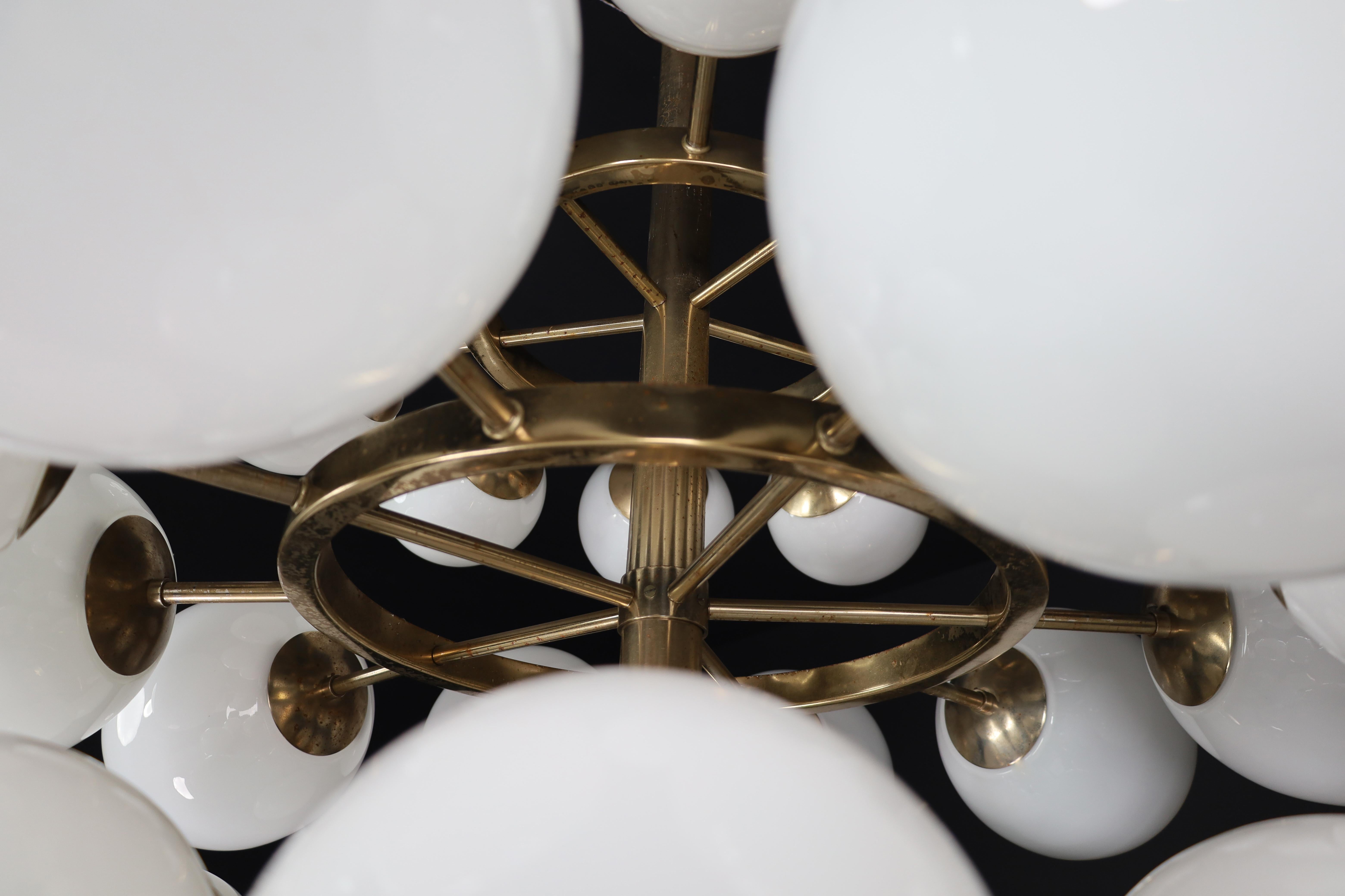 Metal Mid Century Modern Chandelier In Steel And Opaline Globes, Germany 1970s For Sale