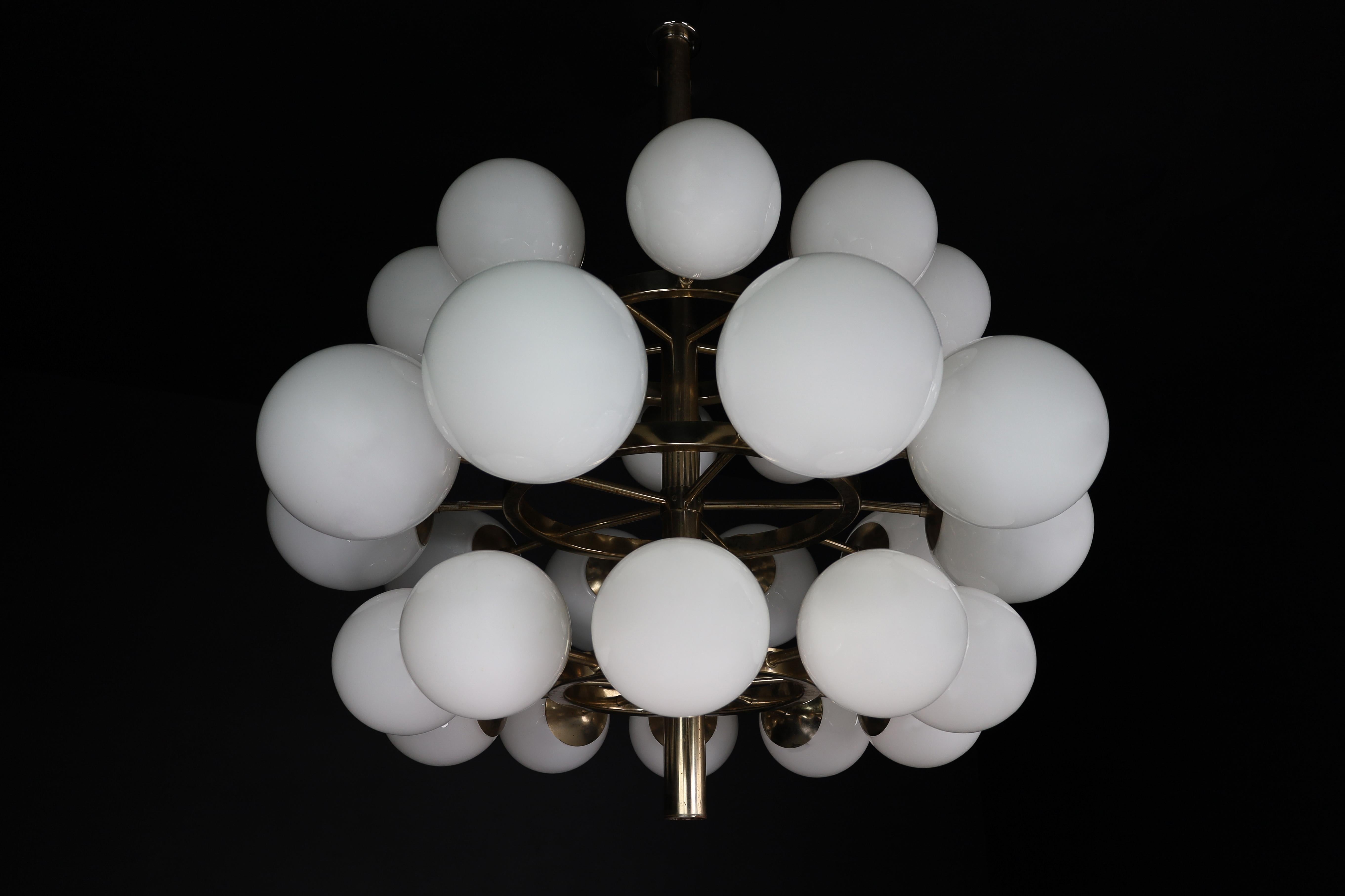Mid Century Modern Chandelier In Steel And Opaline Globes, Germany 1970s For Sale 13