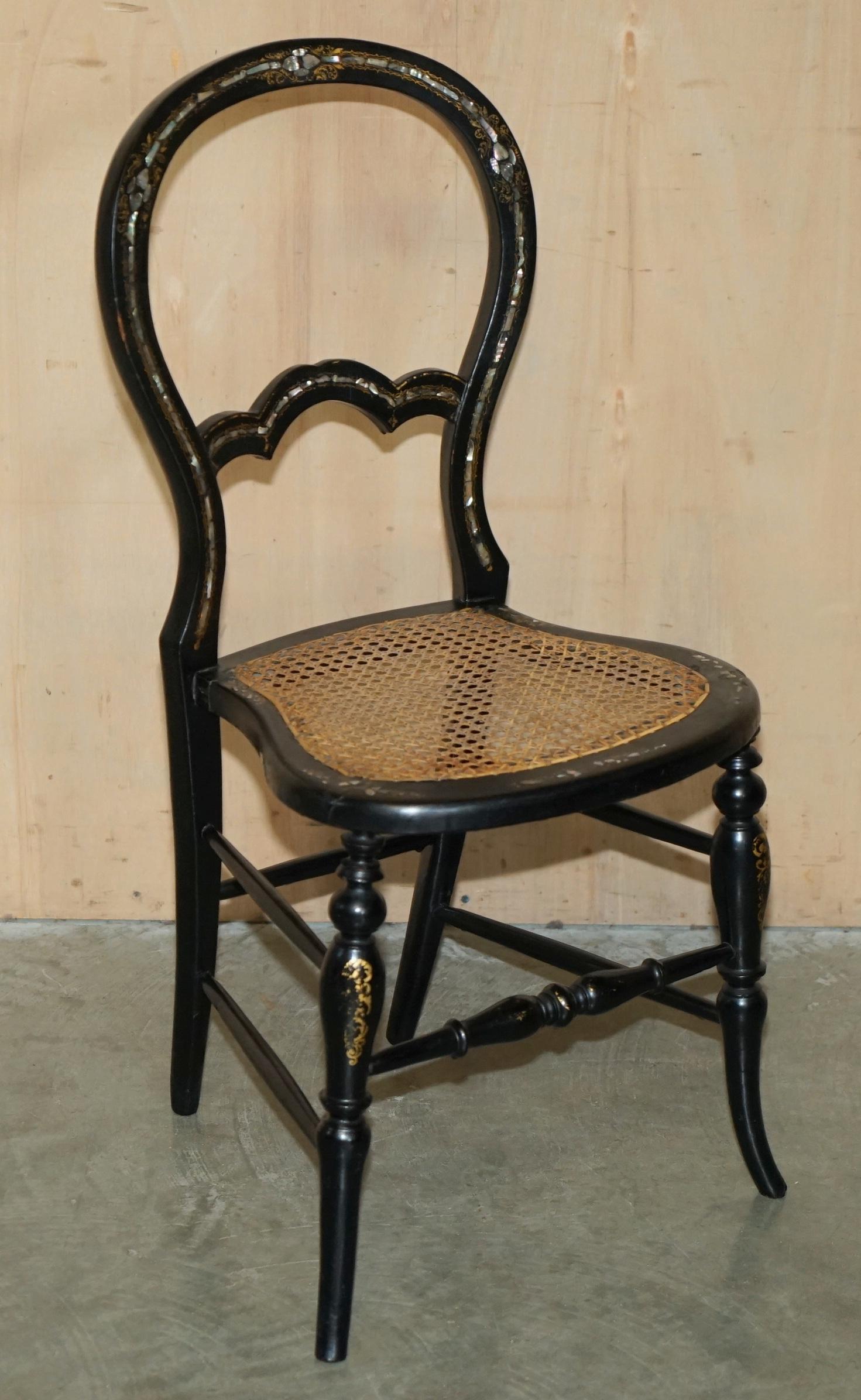 FOUR FINE AND ANTIQUE REGENCY BERGERE MOTHER OF PEARL EBONISED SIDE CHAIRs For Sale 9