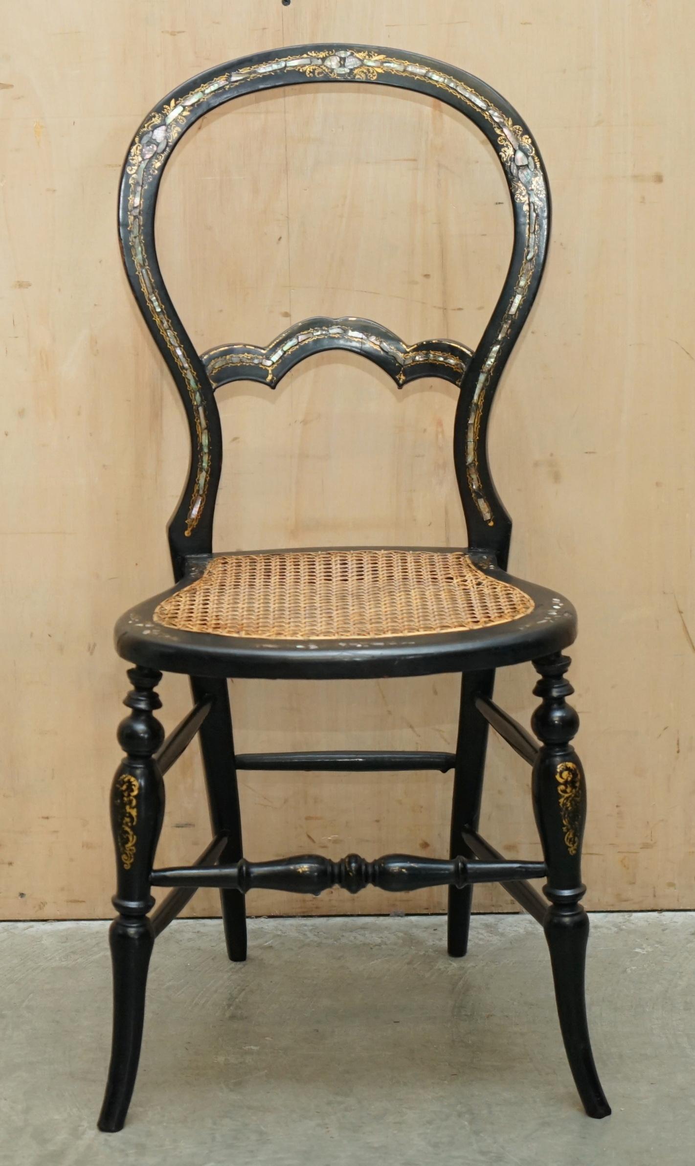 FOUR FINE AND ANTIQUE REGENCY BERGERE MOTHER OF PEARL EBONISED SIDE CHAIRs For Sale 10