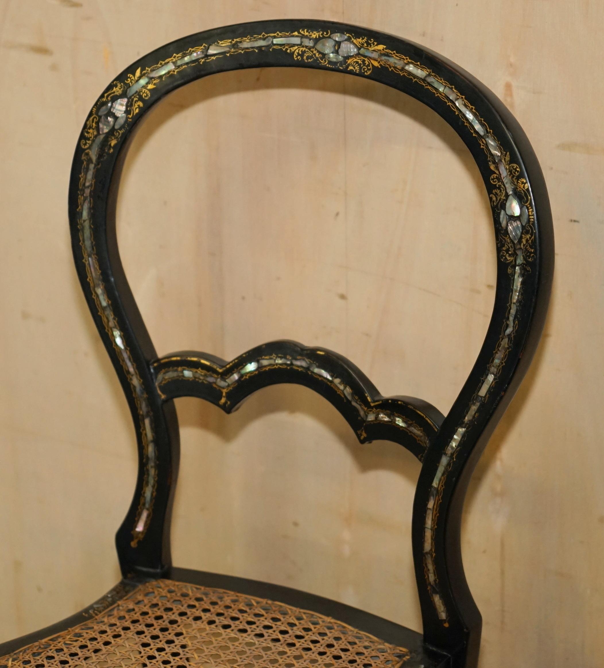 FOUR FINE AND ANTIQUE REGENCY BERGERE MOTHER OF PEARL EBONISED SIDE CHAIRs For Sale 11