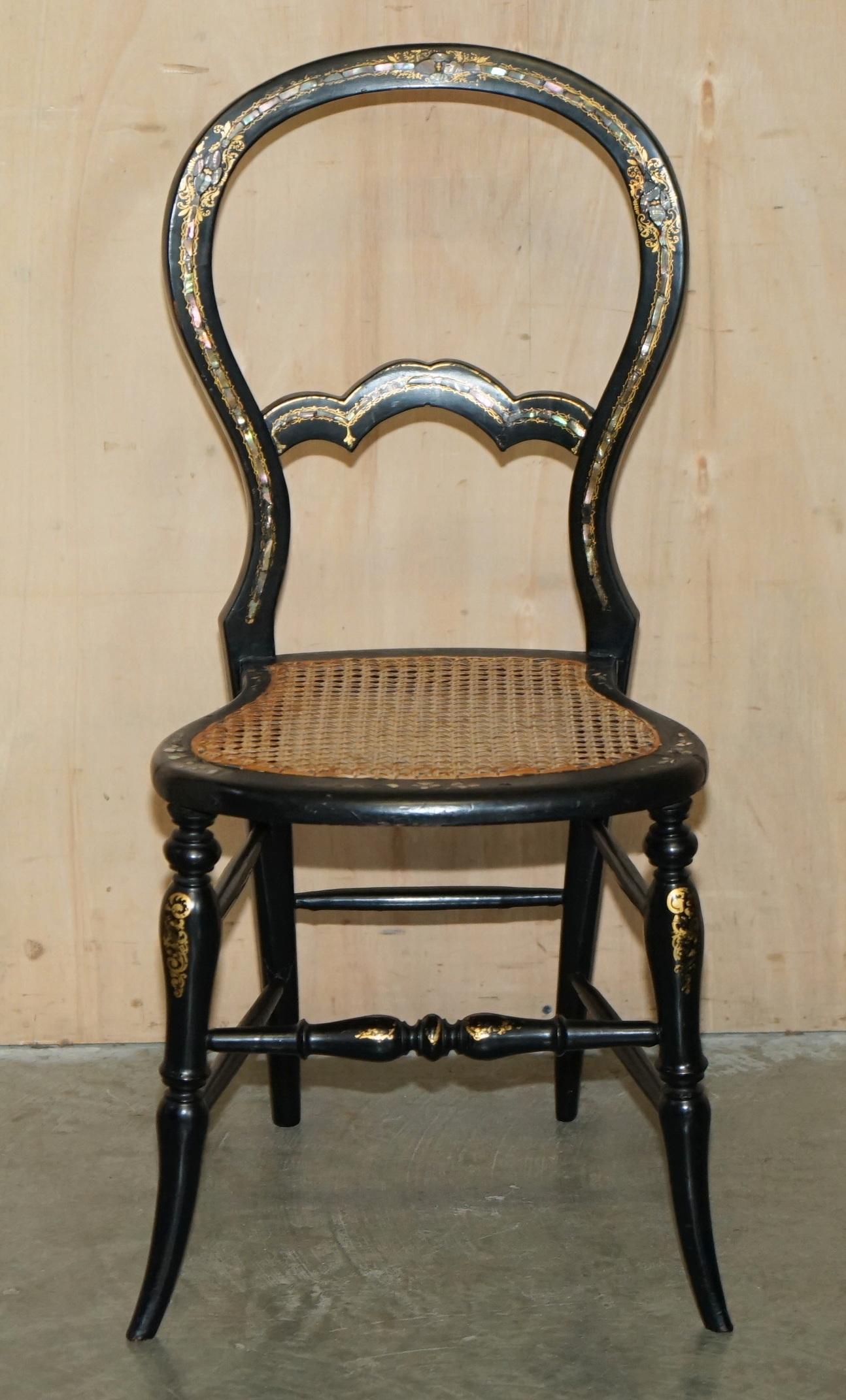 FOUR FINE AND ANTIQUE REGENCY BERGERE MOTHER OF PEARL EBONISED SIDE CHAIRs For Sale 12