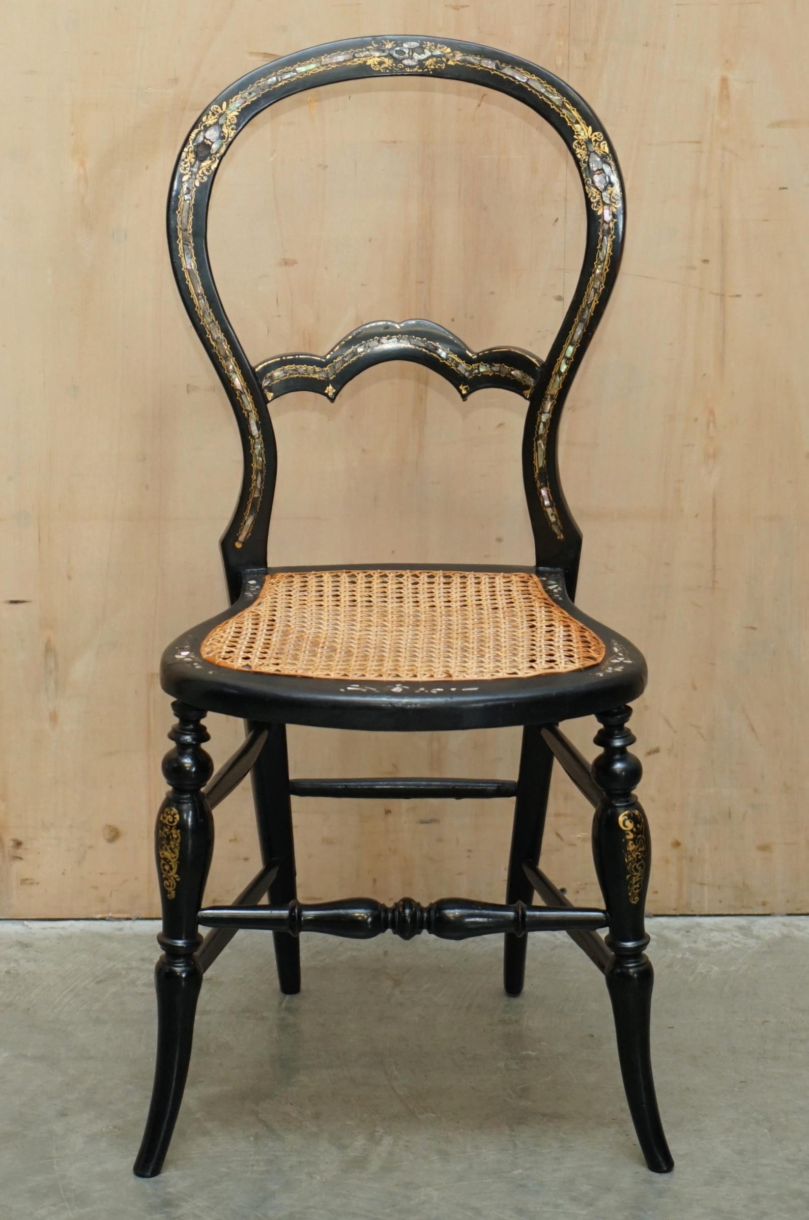 Regency FOUR FINE AND ANTIQUE REGENCY BERGERE MOTHER OF PEARL EBONISED SIDE CHAIRs For Sale