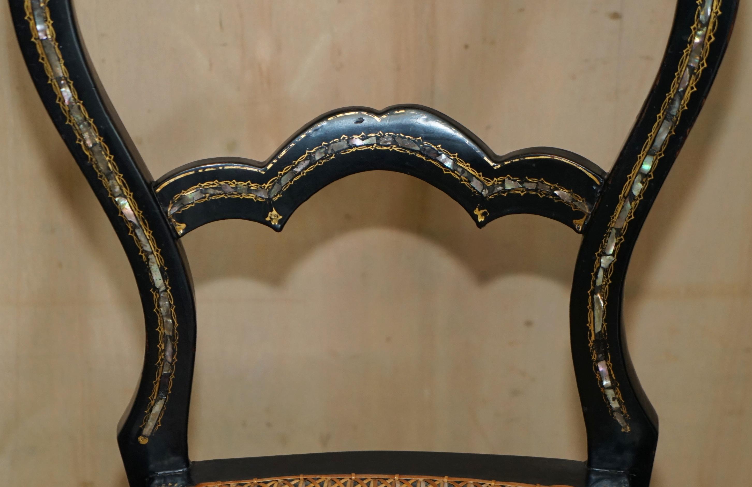 Rattan FOUR FINE AND ANTIQUE REGENCY BERGERE MOTHER OF PEARL EBONISED SIDE CHAIRs For Sale
