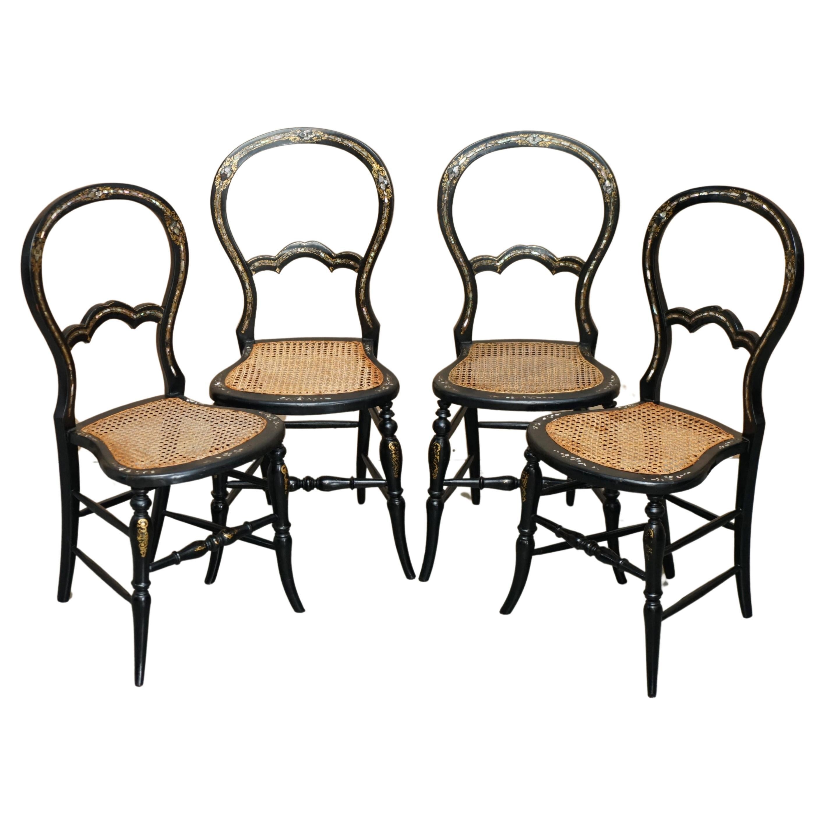 FOUR FINE AND ANTIQUE REGENCY BERGERE MOTHER OF PEARL EBONISED SIDE CHAIRs For Sale
