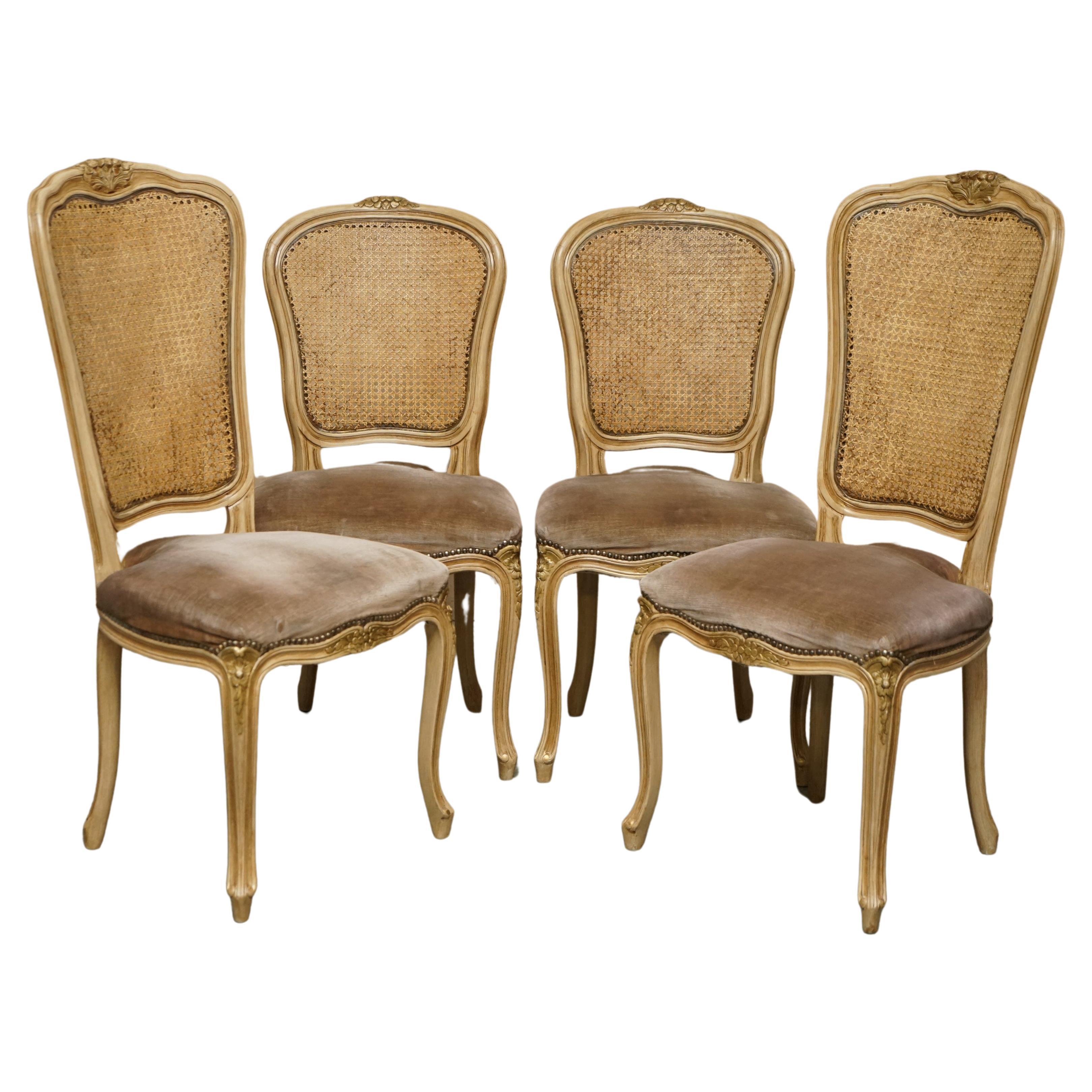 FOUR FINE ANTIQUE FRENCH BERGERE DiNING CHAIRS WITH PERIOD VELOUR UPHOLSTERY For Sale
