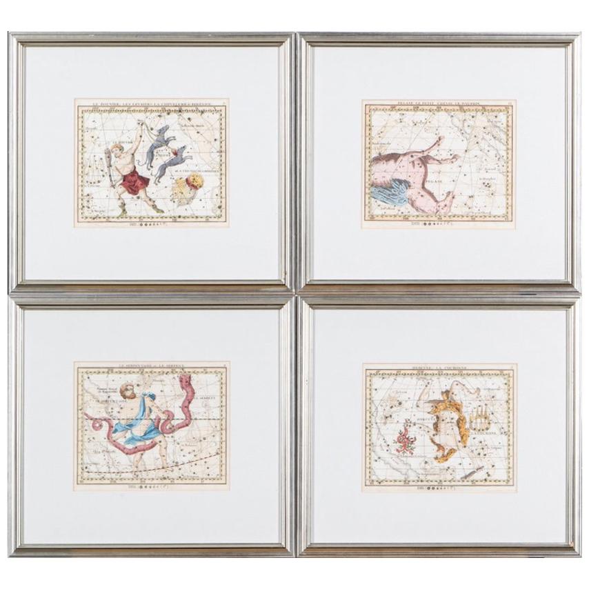 Quatre belles gravures françaises anciennes colorées de John Flamsteed « Atlas Celeste »