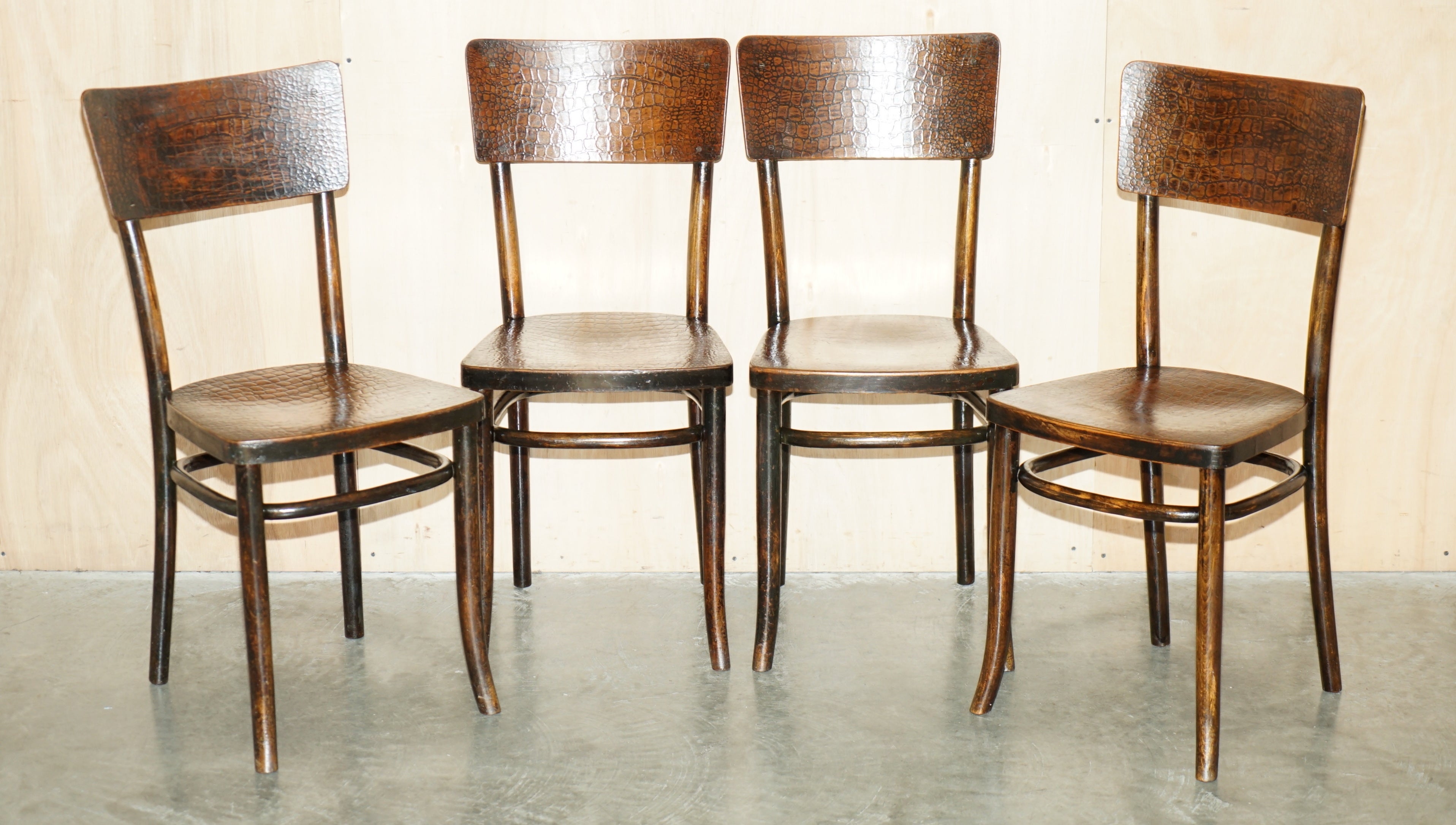 Royal House Antiques

Royal House Antiques is delighted to offer for sale this stunning and very rare suite set of four original circa 1900-1920, Thonet, cafe dining chairs with the rare Crocodile patina

Please note the delivery fee listed is just