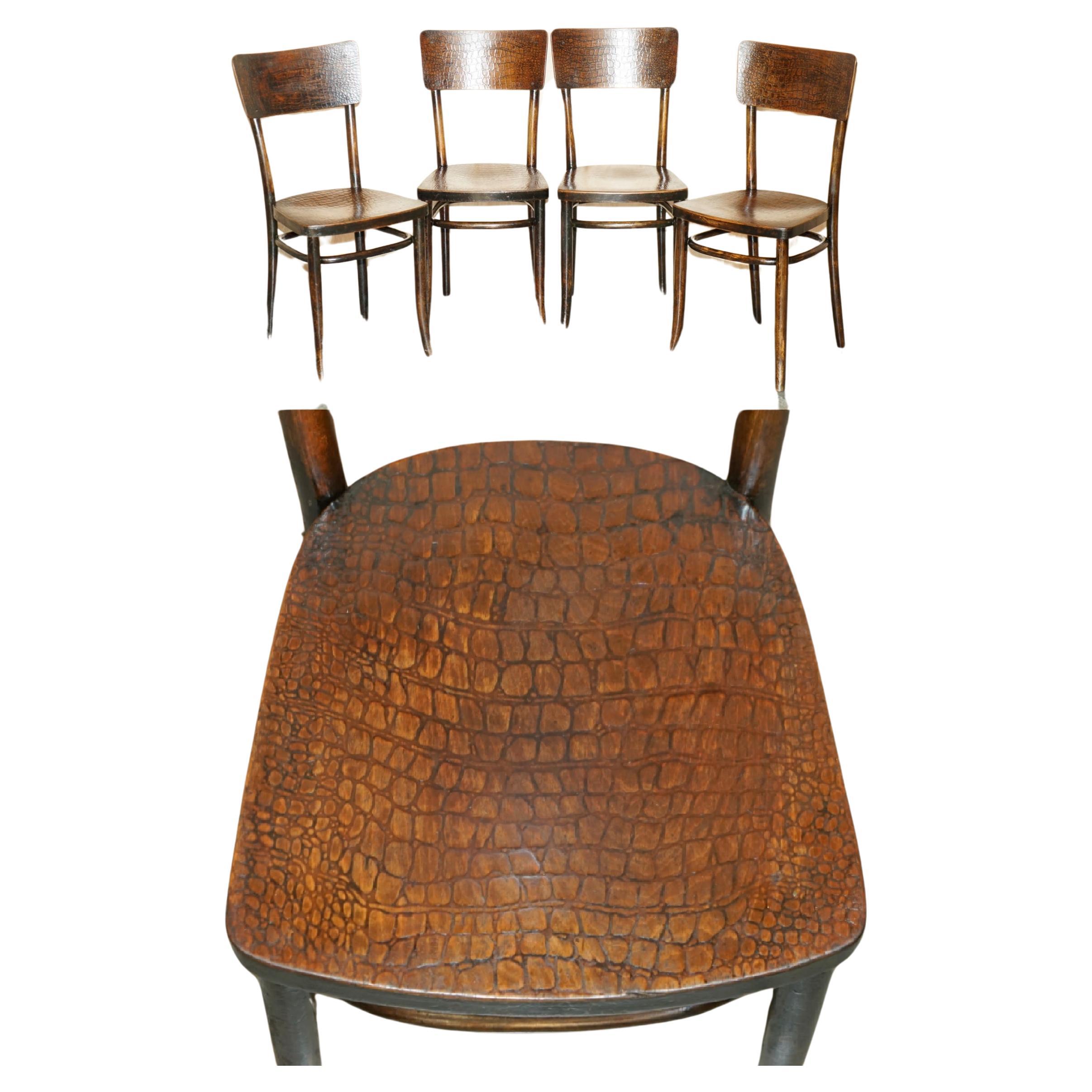 FOUR FiNE ANTIQUE THONET CROCODILE ALLIGATOR CARVED WOOD PATINA DINING CHAIRS 4 For Sale