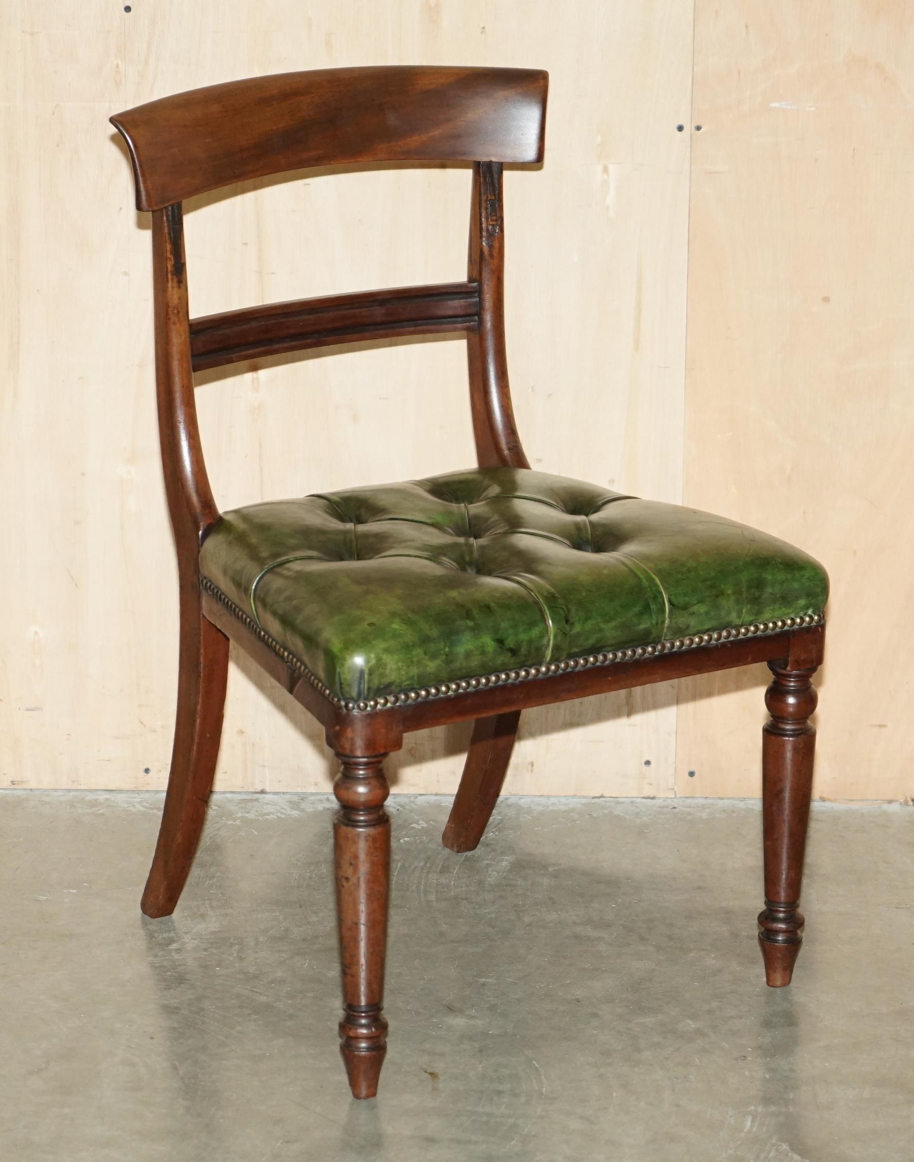 Royal House Antiques

Royal House Antiques is delighted to offer for sale this very rare suite of lightly restored Victorian Chesterfield green Heritage leather dining chairs with mahogany frames

Please note the delivery fee listed is just a guide,