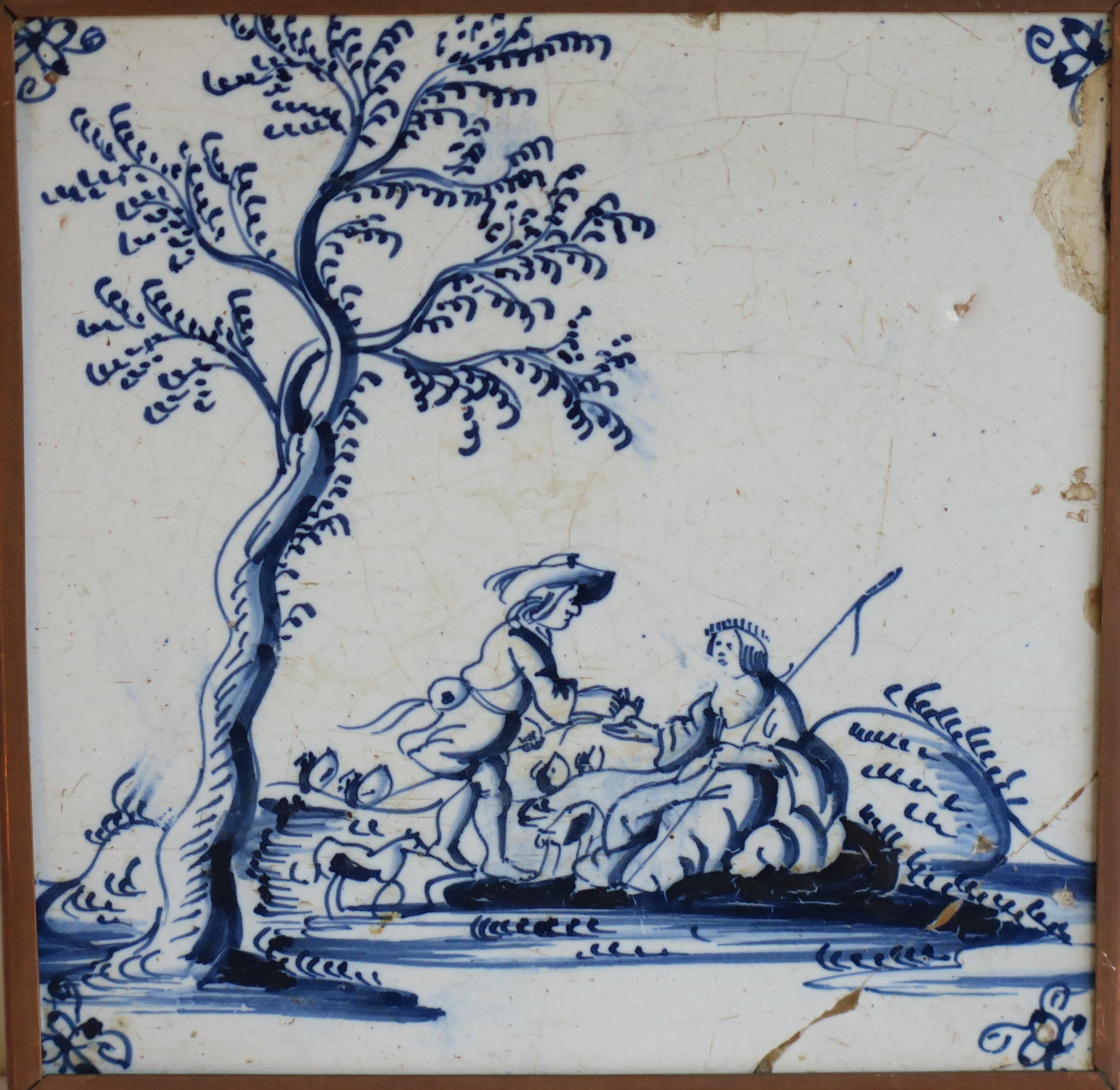 Four fine early Delft Blue and White Wall Tiles in Copper frames, Ca 1700 For Sale 2