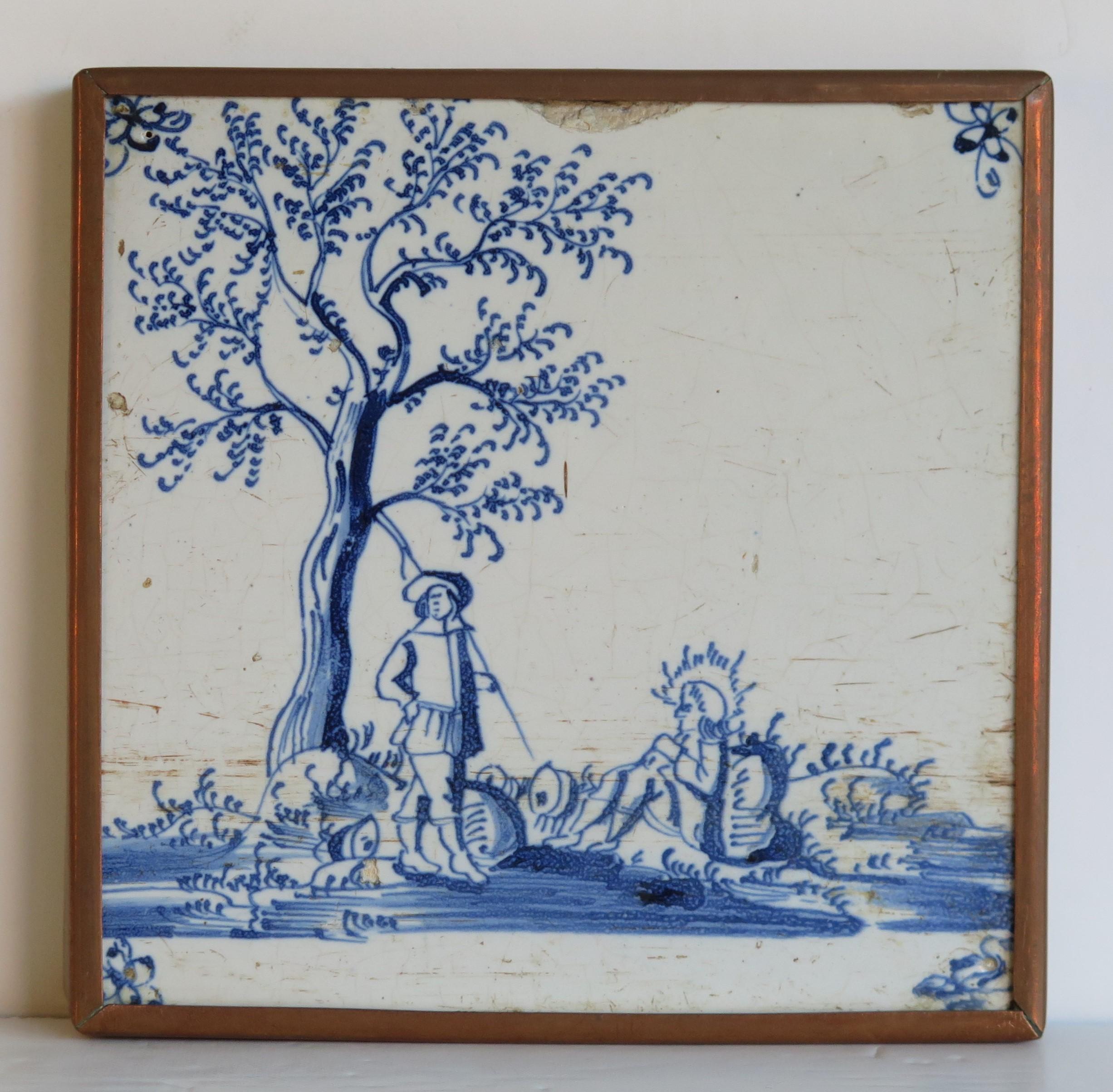 Four fine early Delft Blue and White Wall Tiles in Copper frames, Ca 1700 For Sale 3