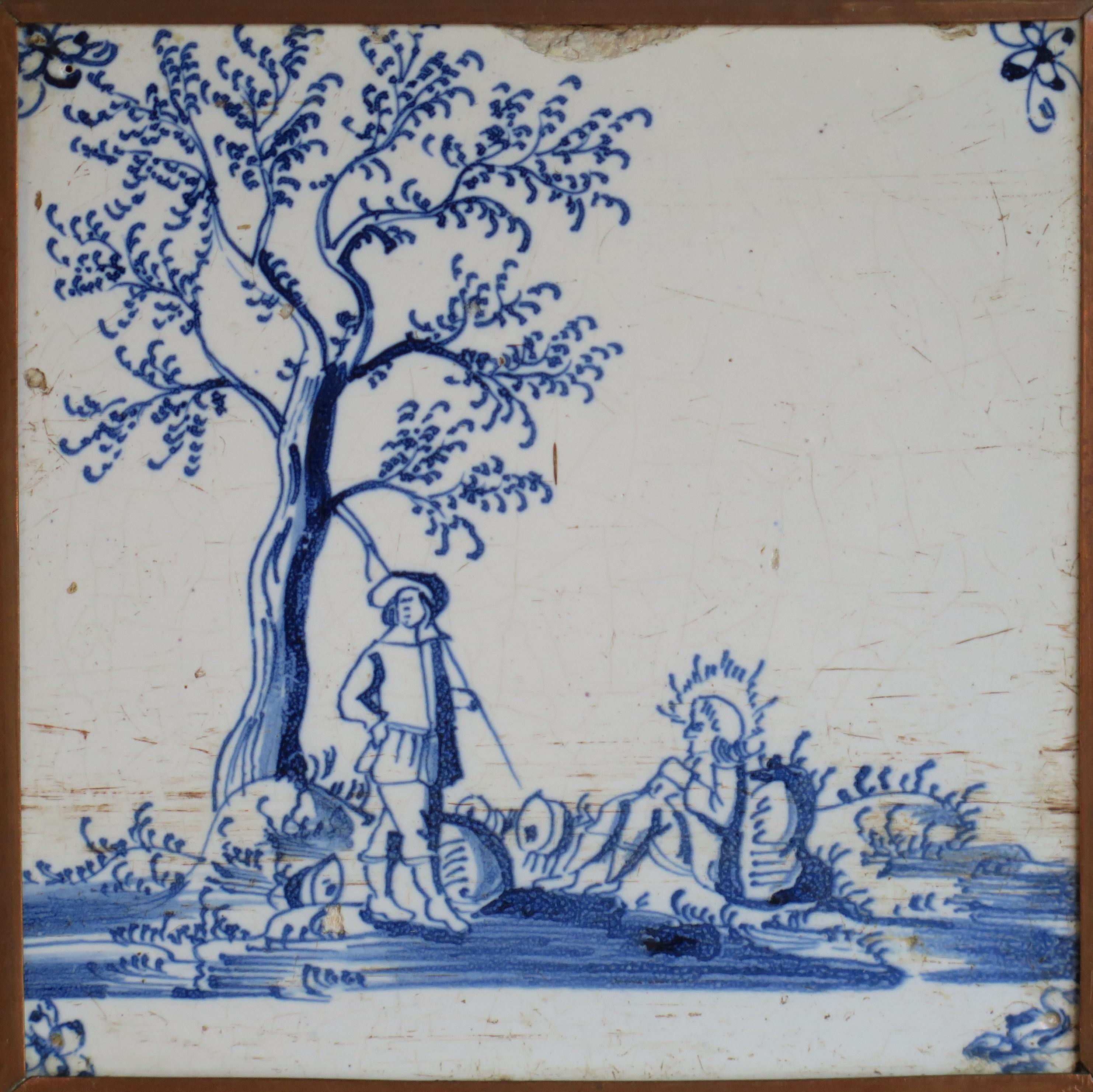 Four fine early Delft Blue and White Wall Tiles in Copper frames, Ca 1700 For Sale 4