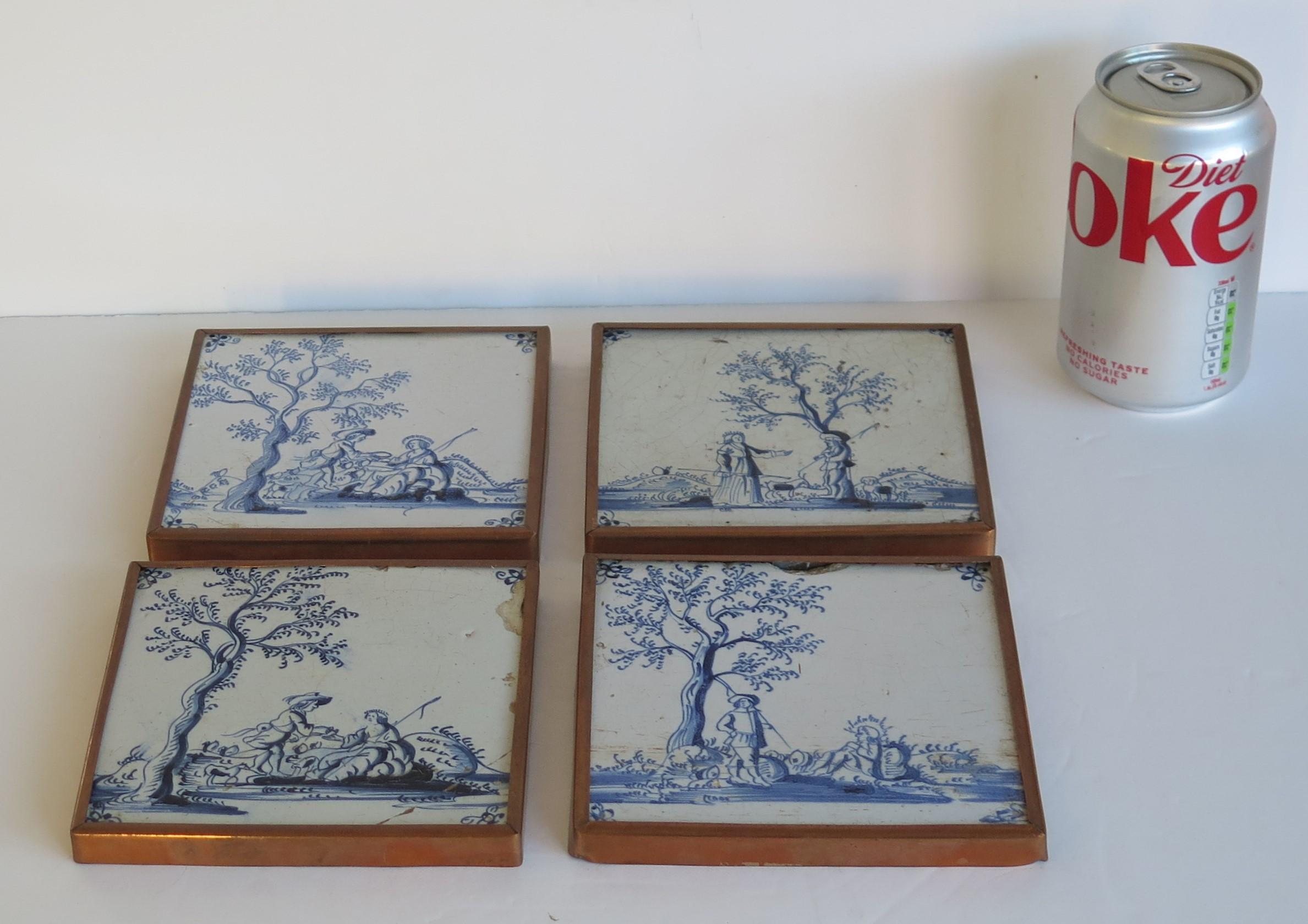 Four fine early Delft Blue and White Wall Tiles in Copper frames, Ca 1700 For Sale 8