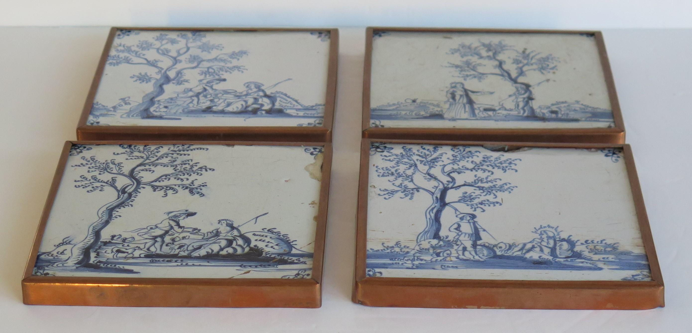 Dutch Colonial Four fine early Delft Blue and White Wall Tiles in Copper frames, Ca 1700 For Sale