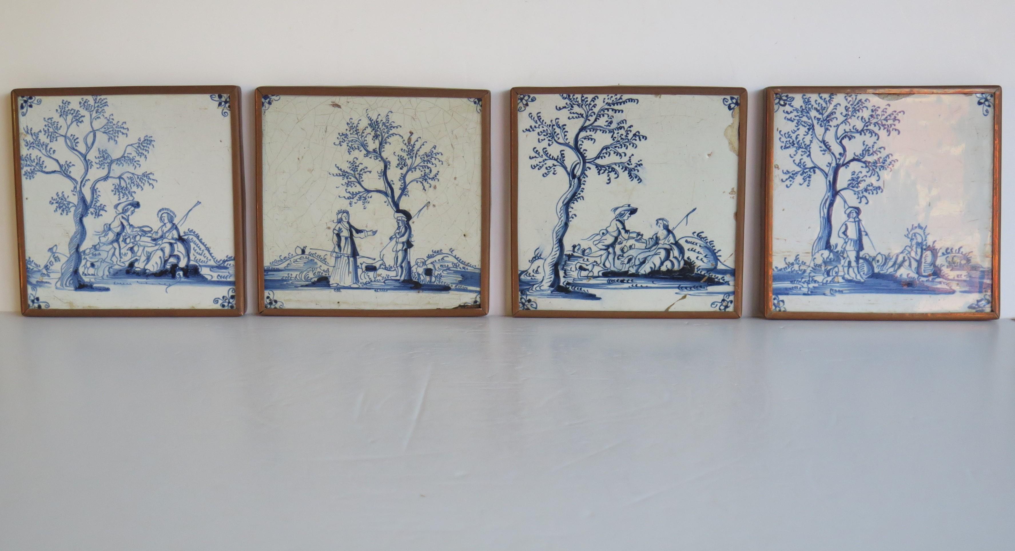 Dutch Four fine early Delft Blue and White Wall Tiles in Copper frames, Ca 1700 For Sale