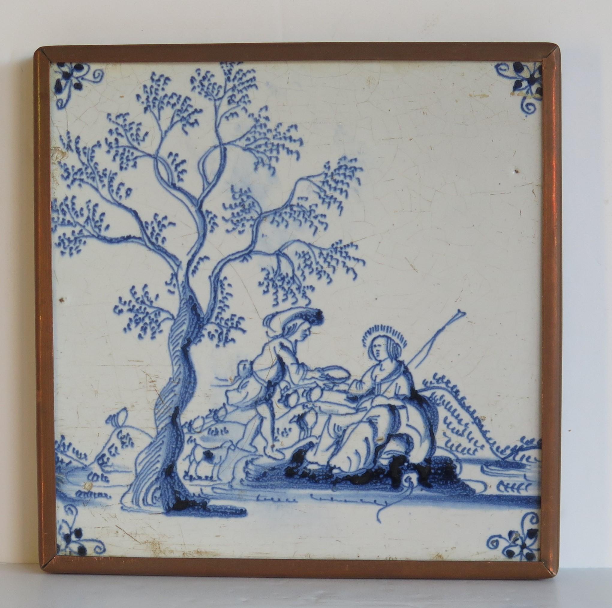 Hand-Painted Four fine early Delft Blue and White Wall Tiles in Copper frames, Ca 1700 For Sale