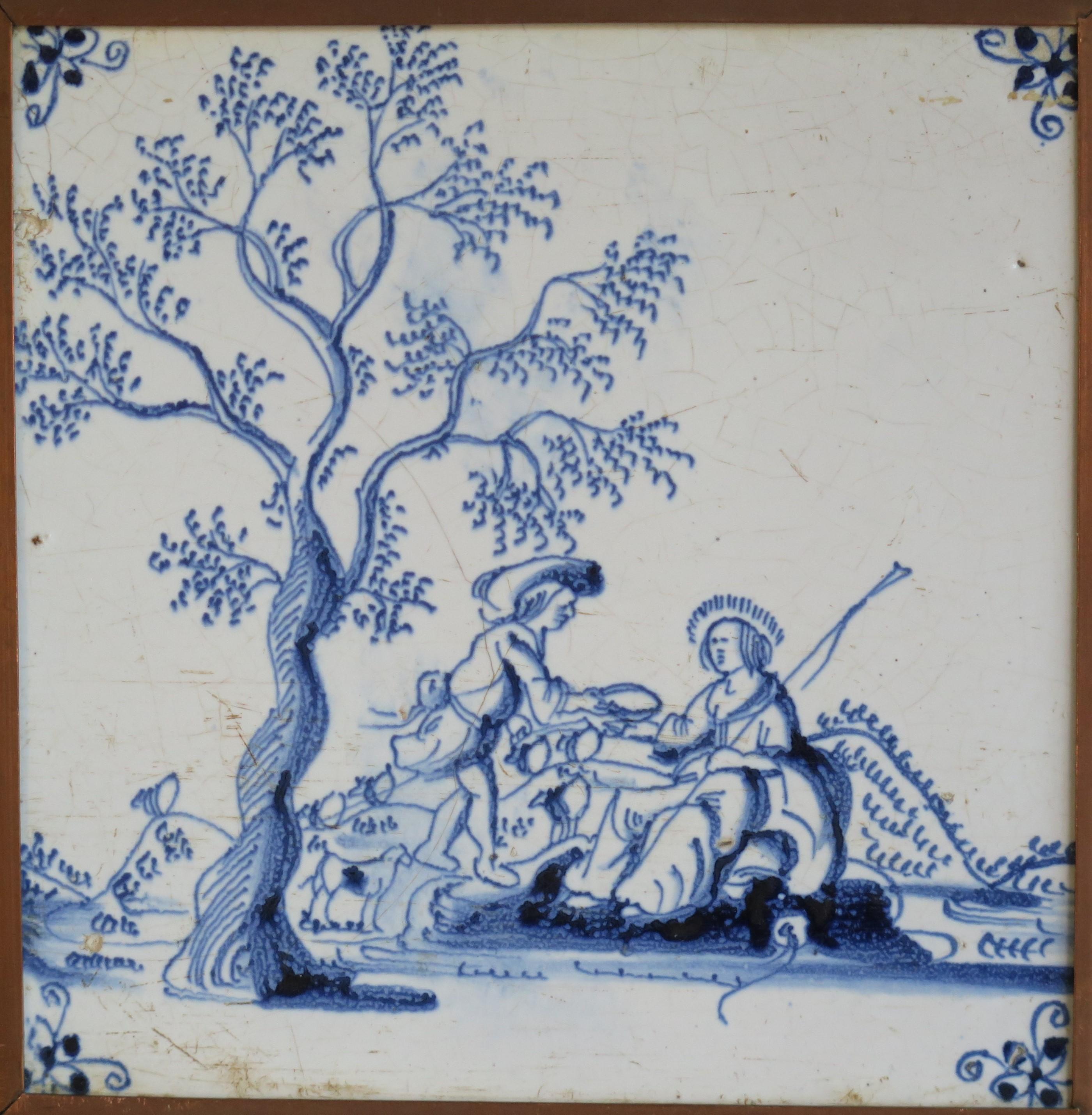 Vier feine frühe Delfter blau-weiße Wandfliesen in Kupferrahmen, um 1700 (Niederländisch Kolonial) im Angebot