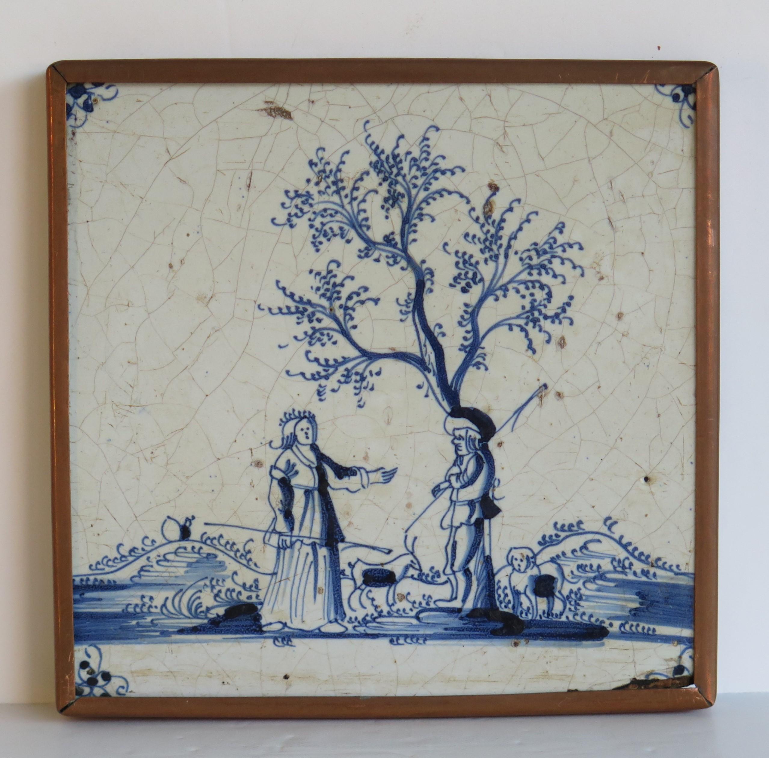 17th Century Four fine early Delft Blue and White Wall Tiles in Copper frames, Ca 1700 For Sale