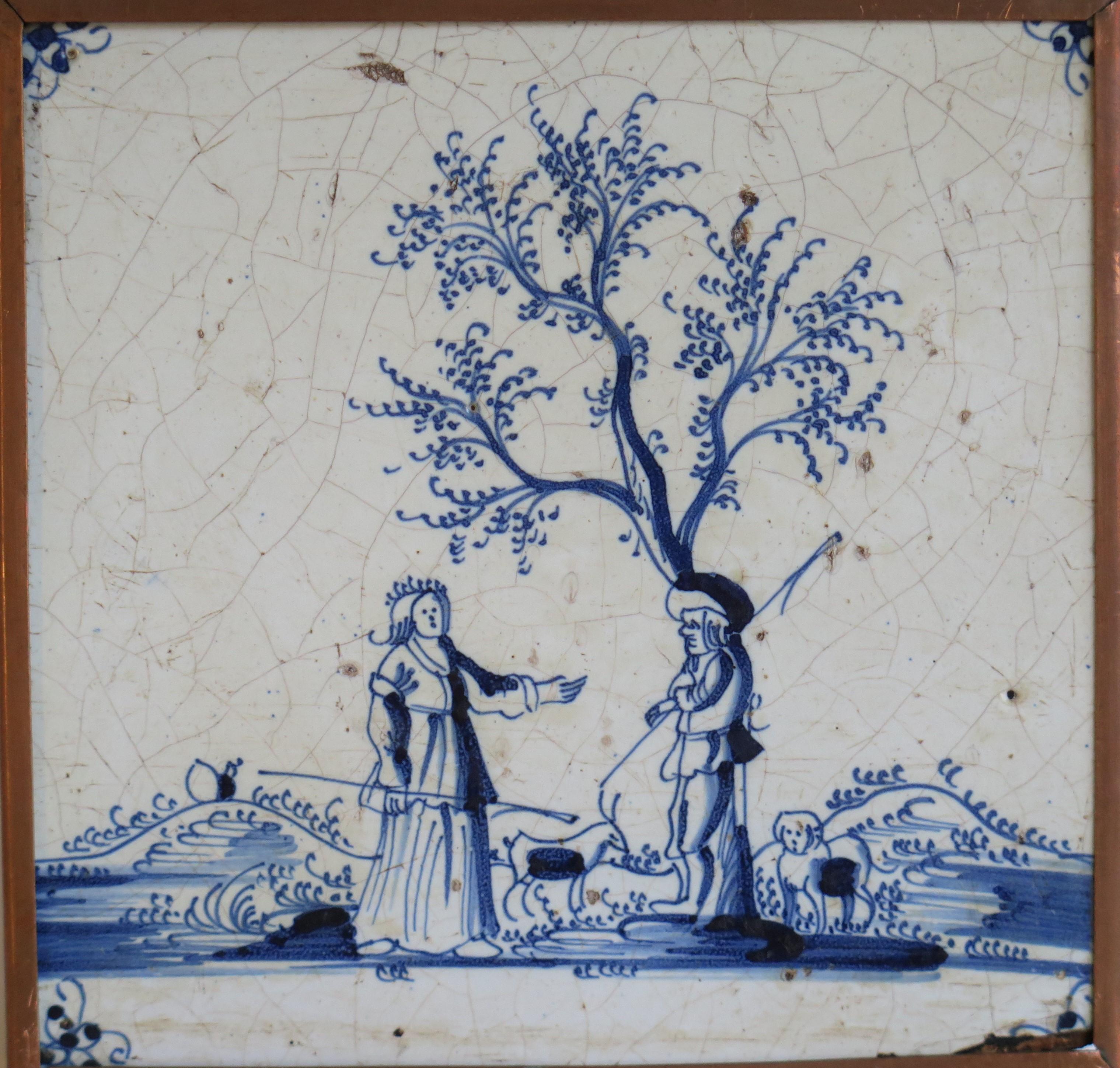 Vier feine frühe Delfter blau-weiße Wandfliesen in Kupferrahmen, um 1700 (Handbemalt) im Angebot