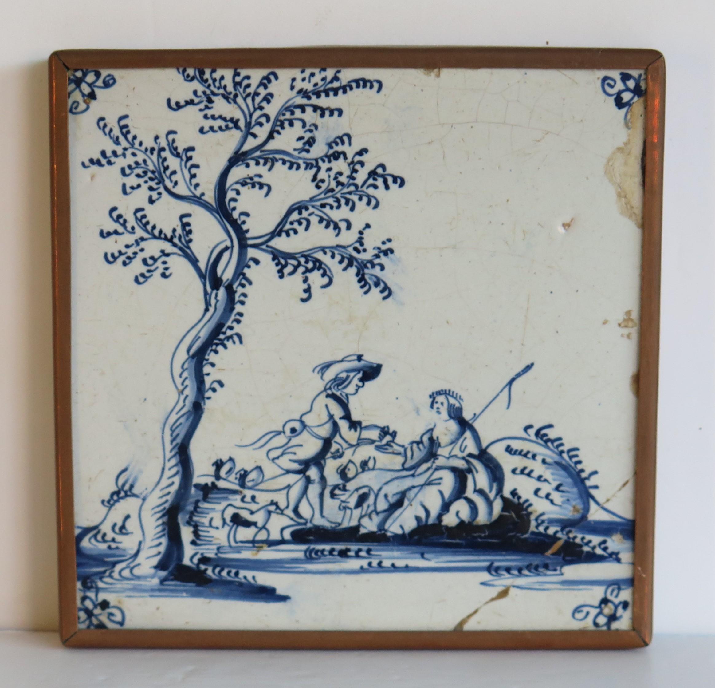 Four fine early Delft Blue and White Wall Tiles in Copper frames, Ca 1700 For Sale 1