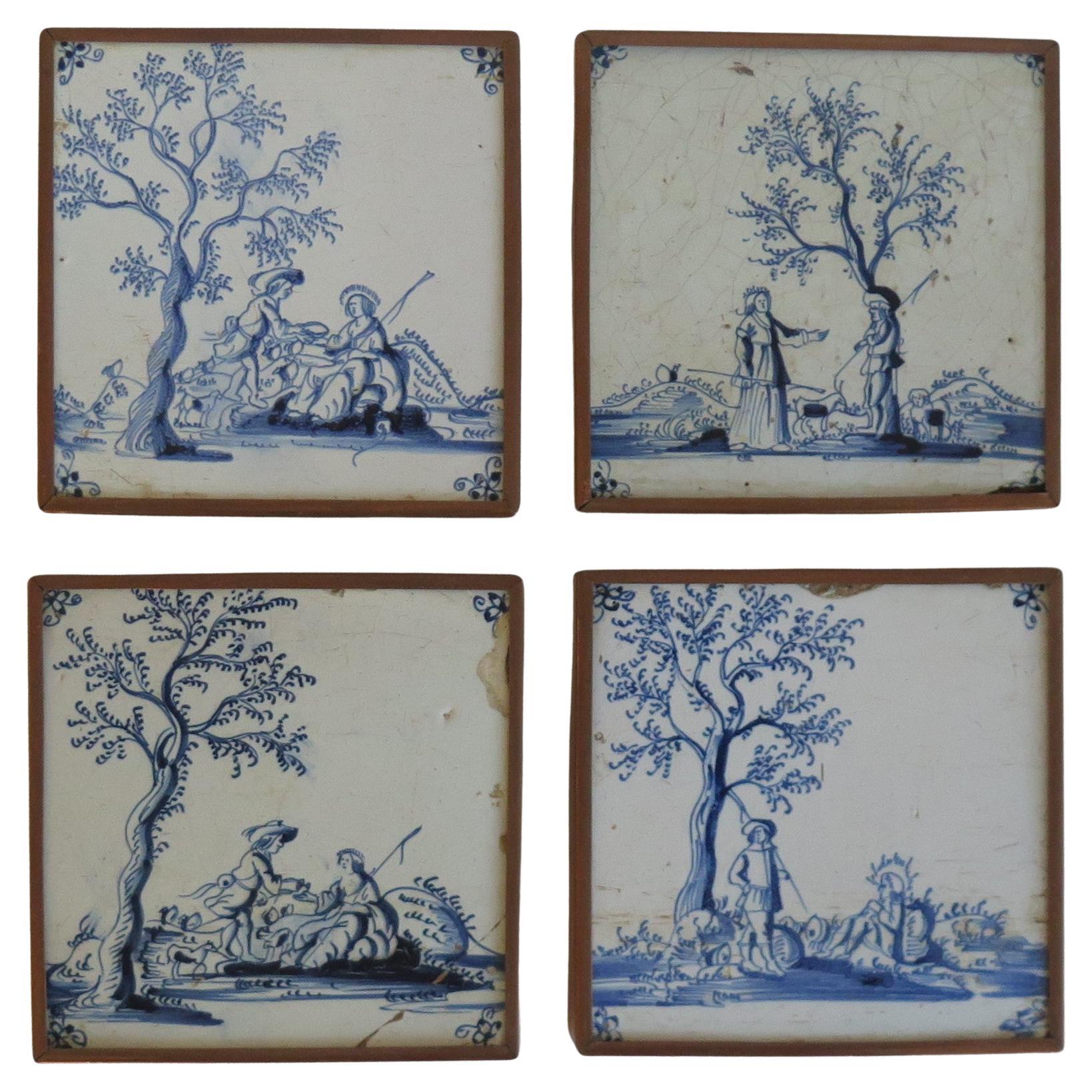 Four fine early Delft Blue and White Wall Tiles in Copper frames, Ca 1700 For Sale