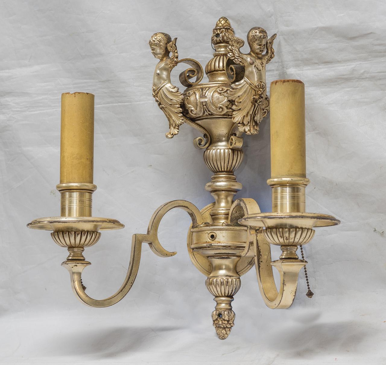 Four Fine Quality French Silvered Bronze Two-Light Sconces In Good Condition For Sale In New York, NY