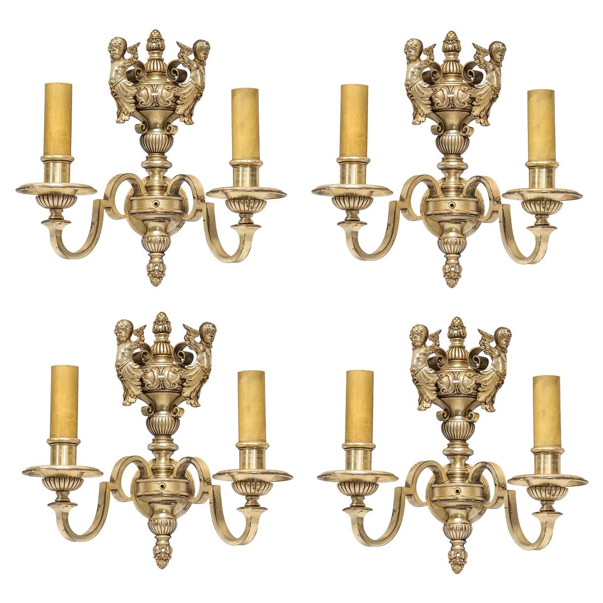 Four Fine Quality French Silvered Bronze Two-Light Sconces For Sale