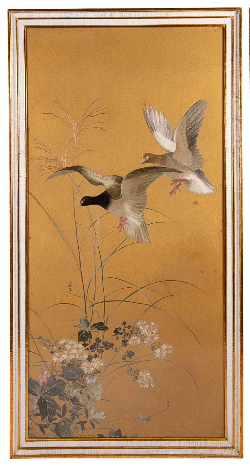 A fine quality set of four silkwork embroidered panels, each having a gold color ground and doves in flight or feeding. Measures: 146cm / 57 in. High x 76 cm / 30 in. wide x 3cm / 1 in. deep, each panel. 