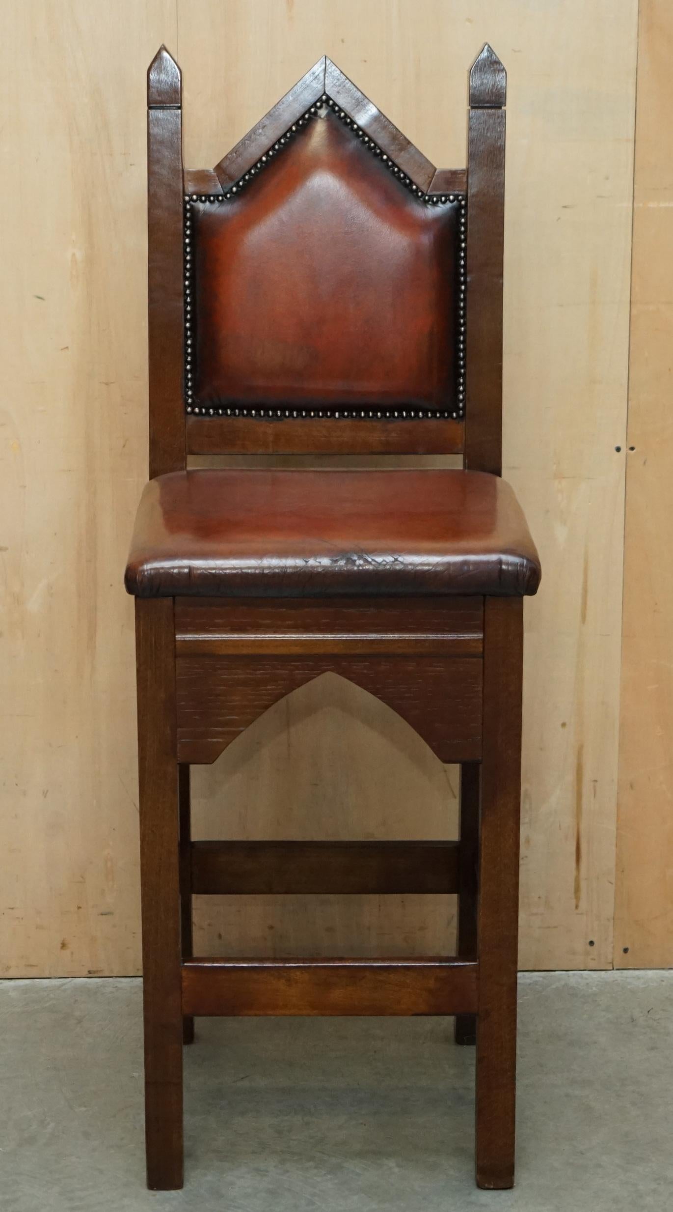 Gothic FOUR FINE RESTORED BROWN LEATHER GOTHIC REVIVAL STEEPLE BACK KITCHEN BAR STOOLs For Sale