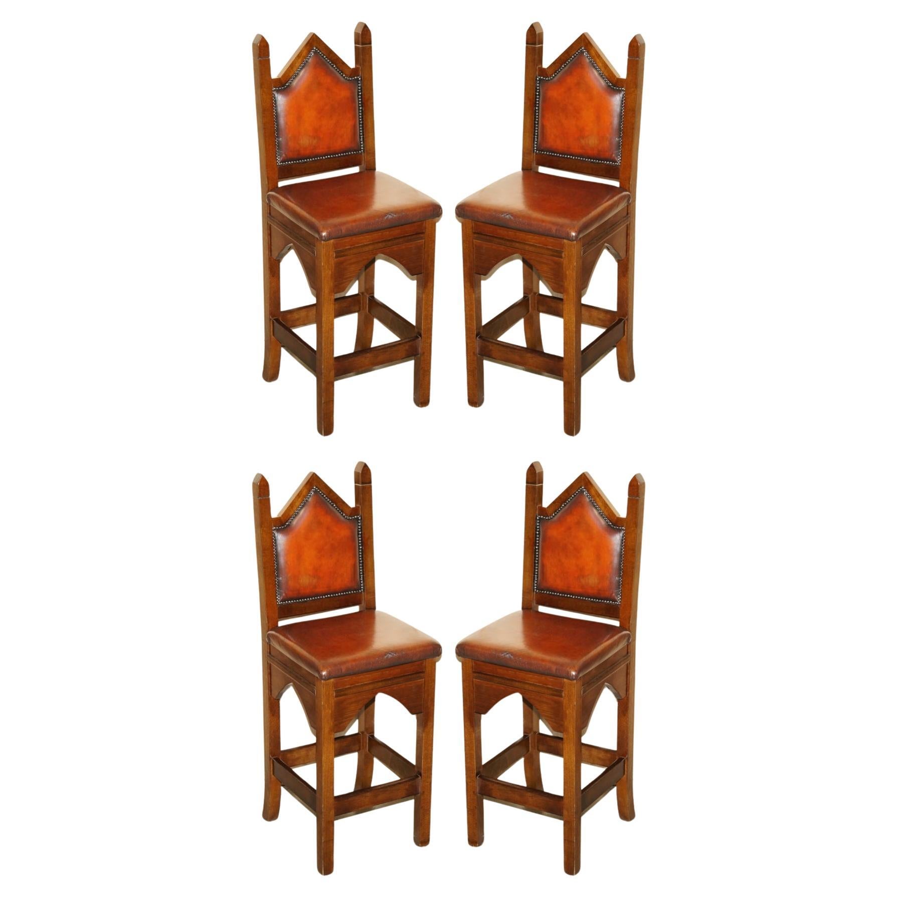 OUR FINE RESTORED BROWN LEATHER GOTHIC REVIVAL STEEPLE BACK KITCHEN BAR STOOLs