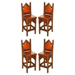 FOUR FINE RESTORED BROWN LEATHER GOTHIC REVIVAL STEEPLE BACK KITCHEN BAR STOOLs