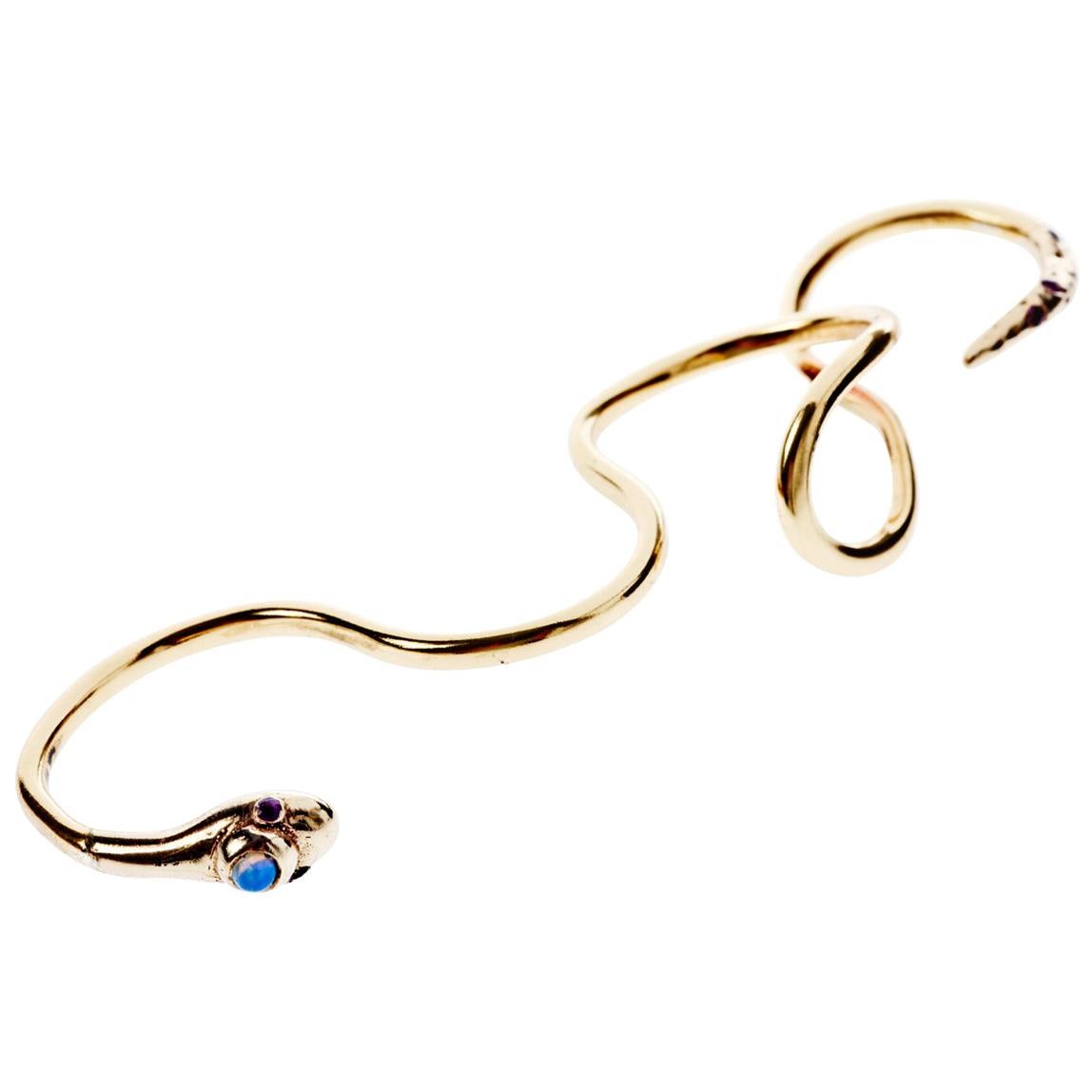 14k Gold Snake Four Finger Ring Natural Opal and Ruby Statement Jewelry