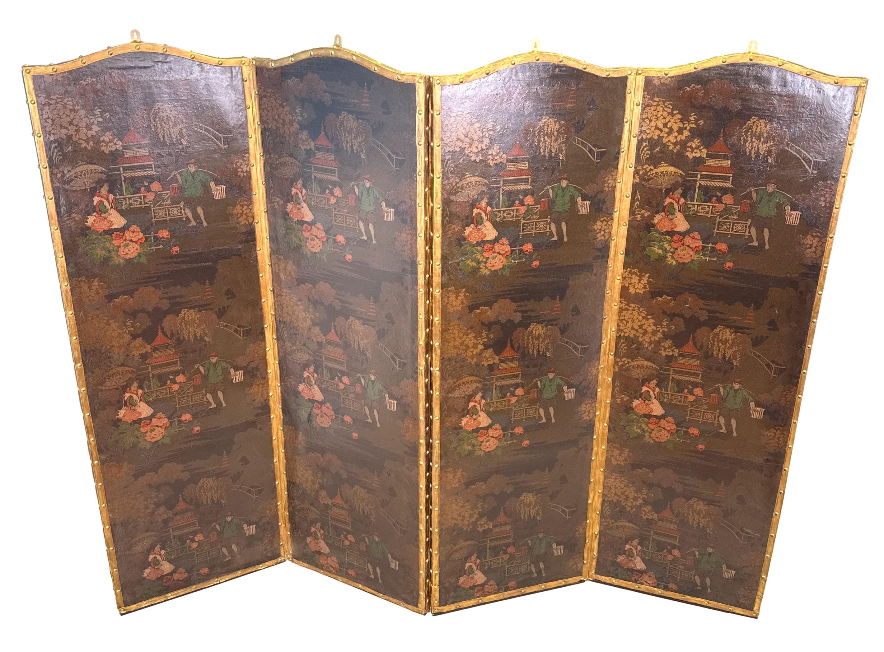 Paravento a quattro pieghe in pelle Chinoiserie del XIX secolo in vendita 9